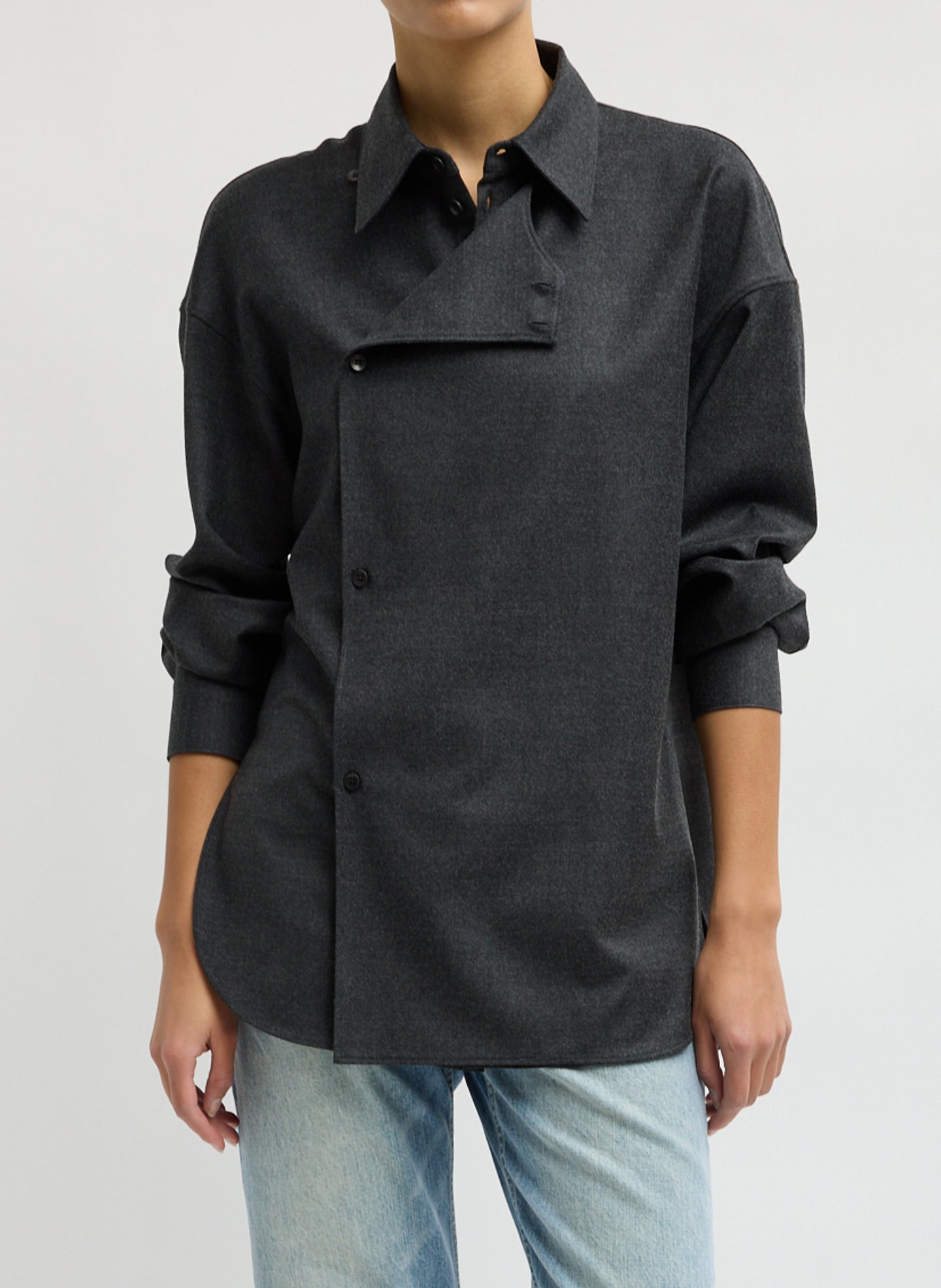 Dark Heather Grey Cozy Flannel Long Sleeve Shirt with Overlap Detail - front view on model
