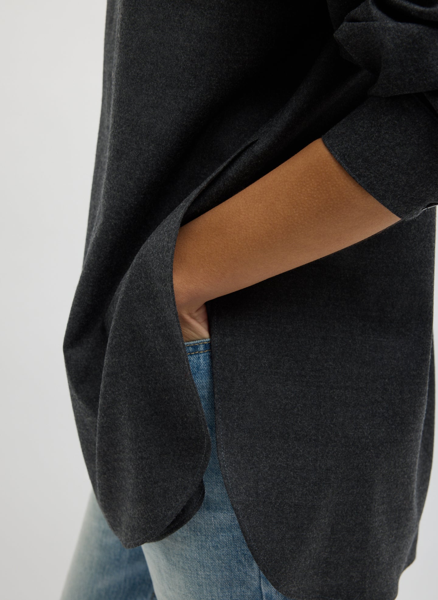 Dark Heather Grey Cozy Flannel Long Sleeve Shirt with Overlap Detail - closeup of side detail