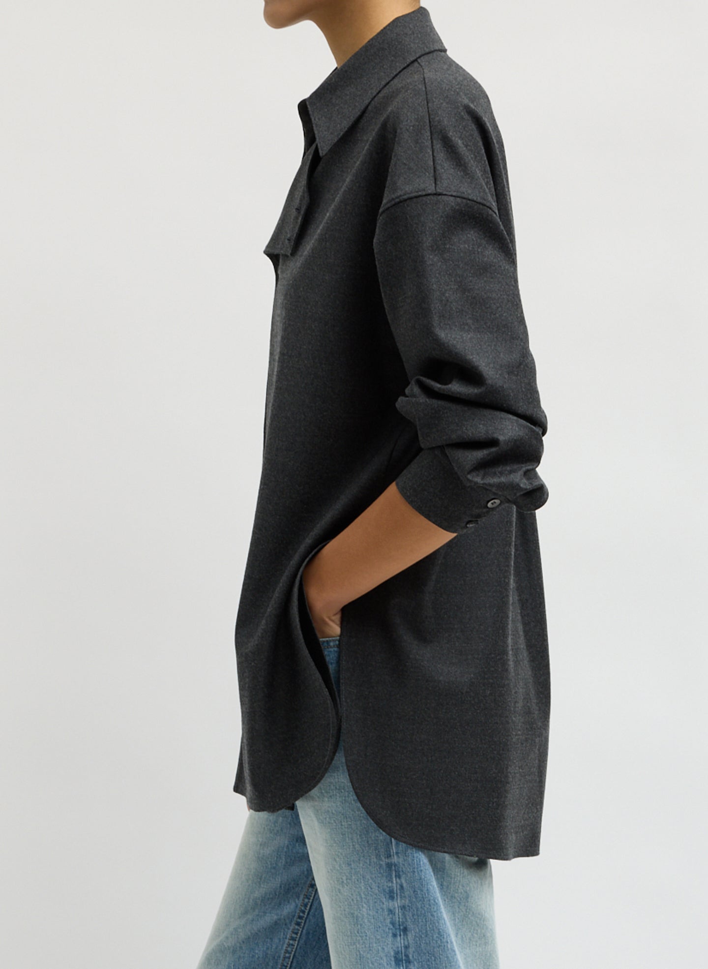 Dark Heather Grey Cozy Flannel Long Sleeve Shirt with Overlap Detail - side view on model