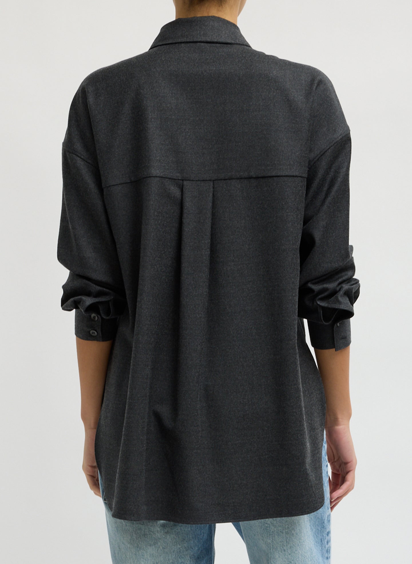 Dark Heather Grey Cozy Flannel Long Sleeve Shirt with Overlap Detail - back view on model