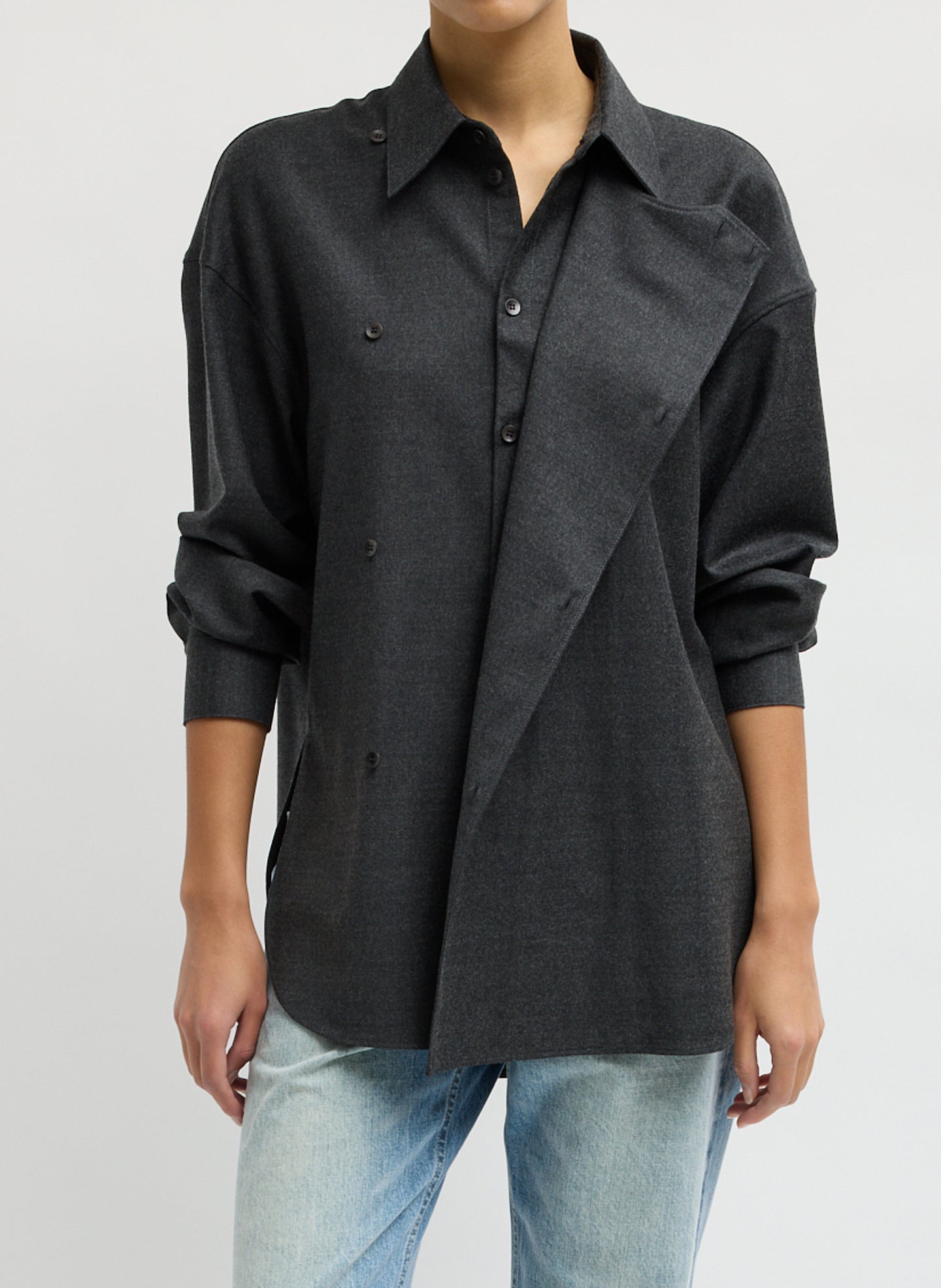 Dark Heather Grey Cozy Flannel Long Sleeve Shirt with Overlap Detail - front view on model