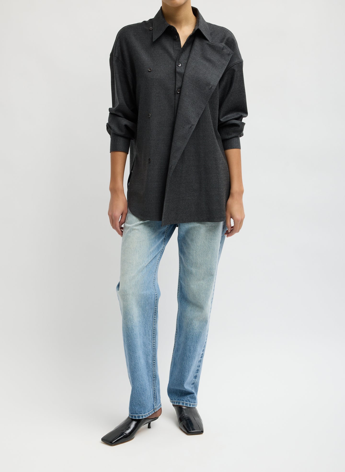 Dark Heather Grey Cozy Flannel Long Sleeve Shirt with Overlap Detail - full look, front view on model