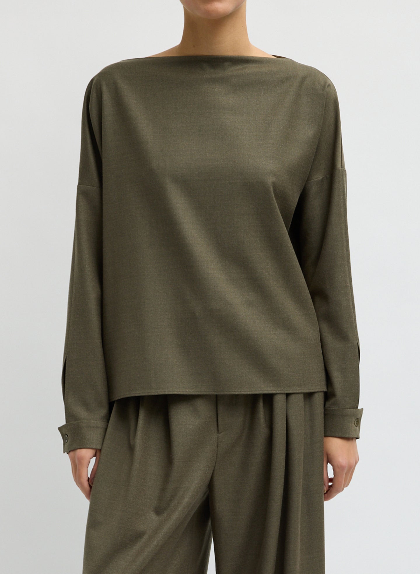 Army Green Cozy Flannel Boatneck Dolman Sleeve Top - long sleeve top, front view on model