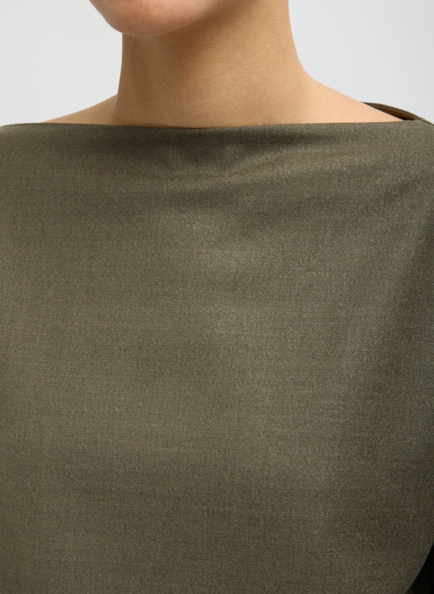 Army Green Cozy Flannel Boatneck Dolman Sleeve Top - closeup of boatneck neckline