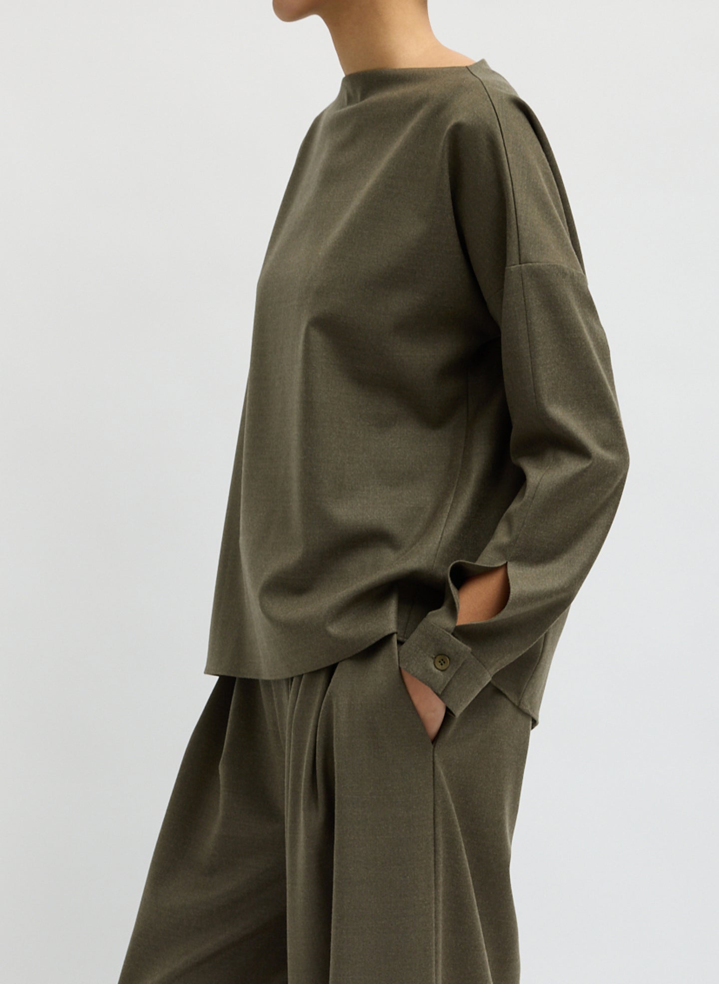 Army Green Cozy Flannel Boatneck Dolman Sleeve Top - long sleeve top, side view on model