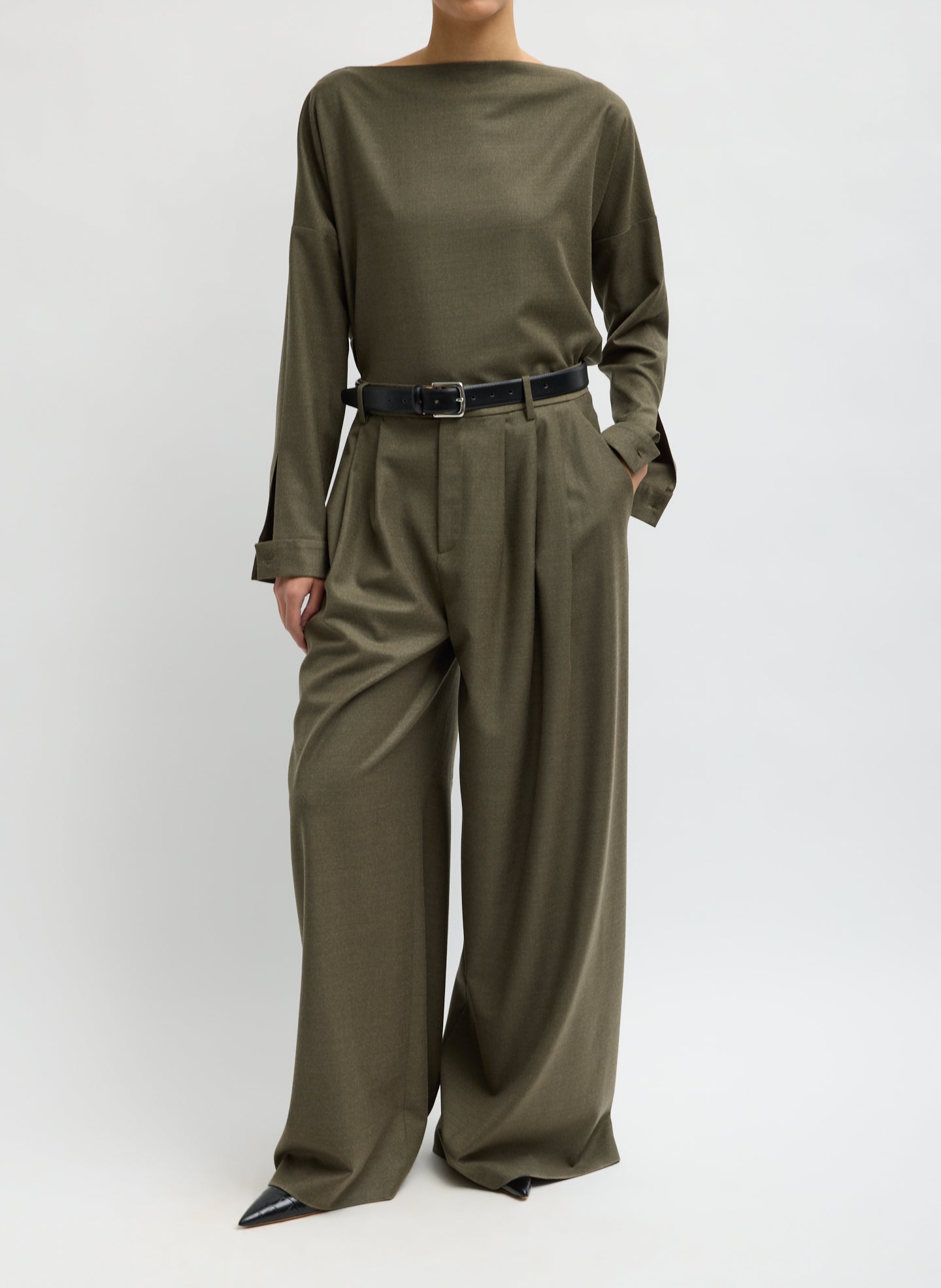 Army Green Cozy Flannel Boatneck Dolman Sleeve Top - full look, front view on model