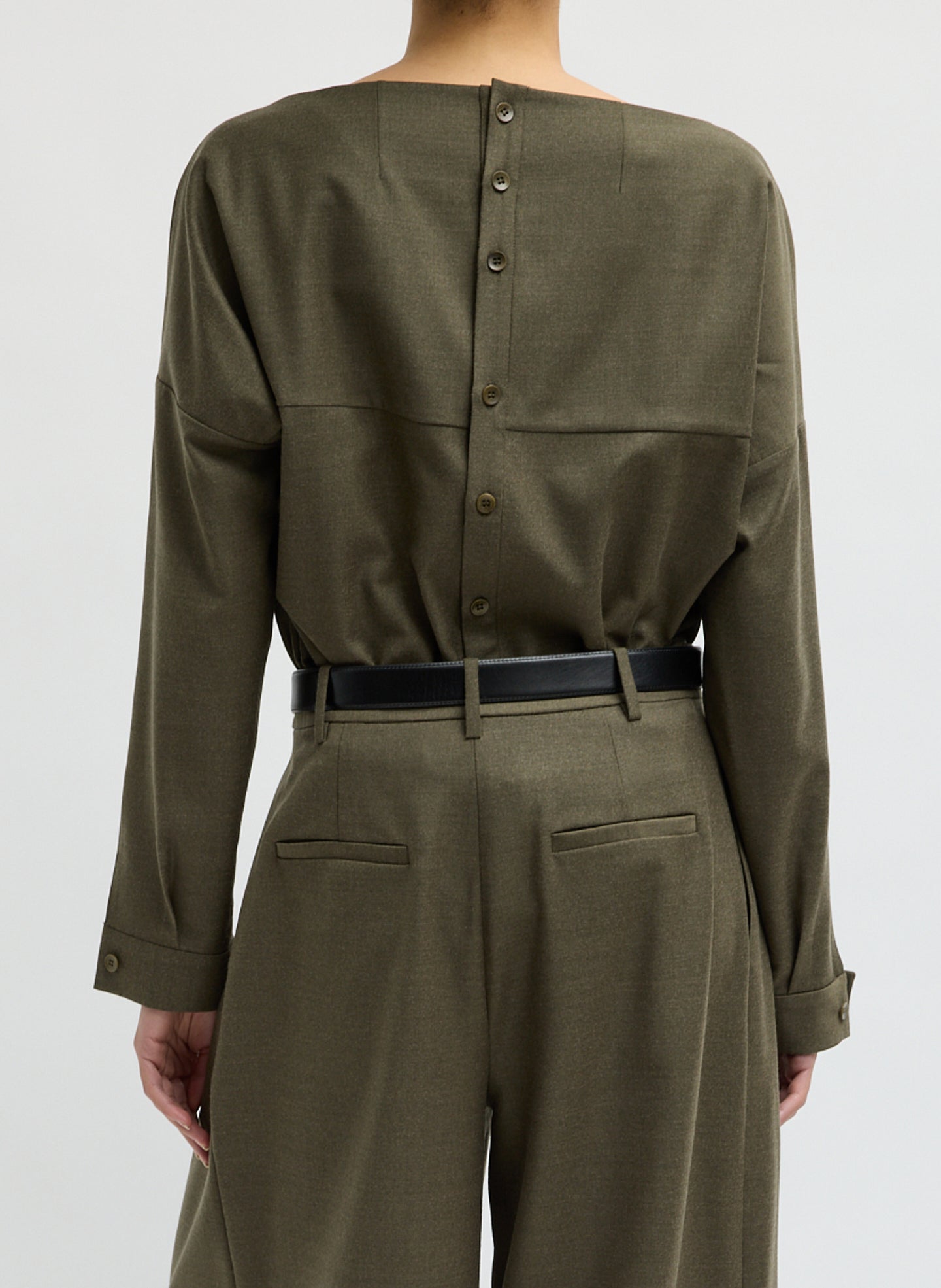 Army Green Cozy Flannel Boatneck Dolman Sleeve Top - long sleeve top, back view on model