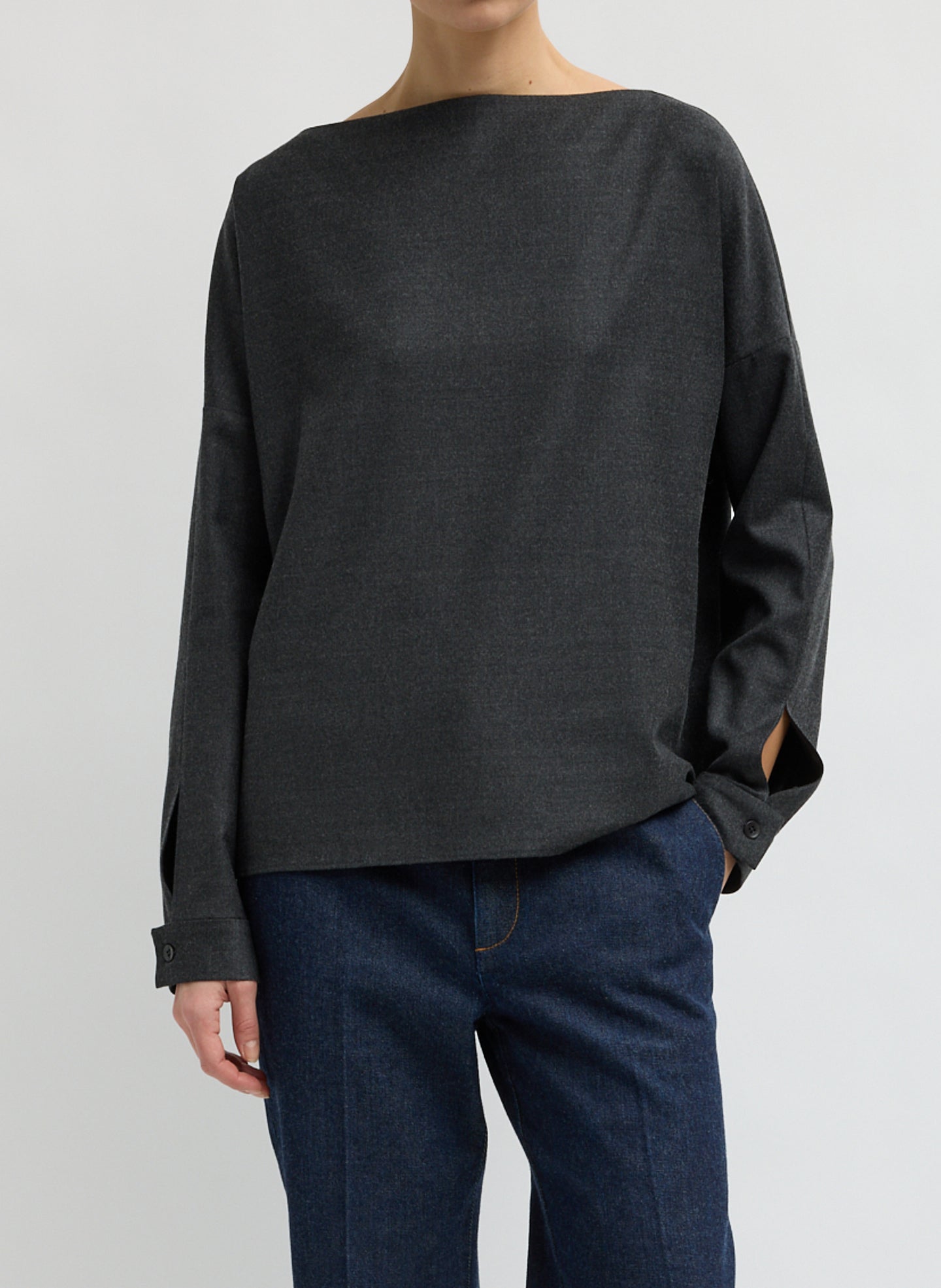 Dark Heather Grey Cozy Flannel Boatneck Dolman Sleeve Top - long sleeve top, front view on model