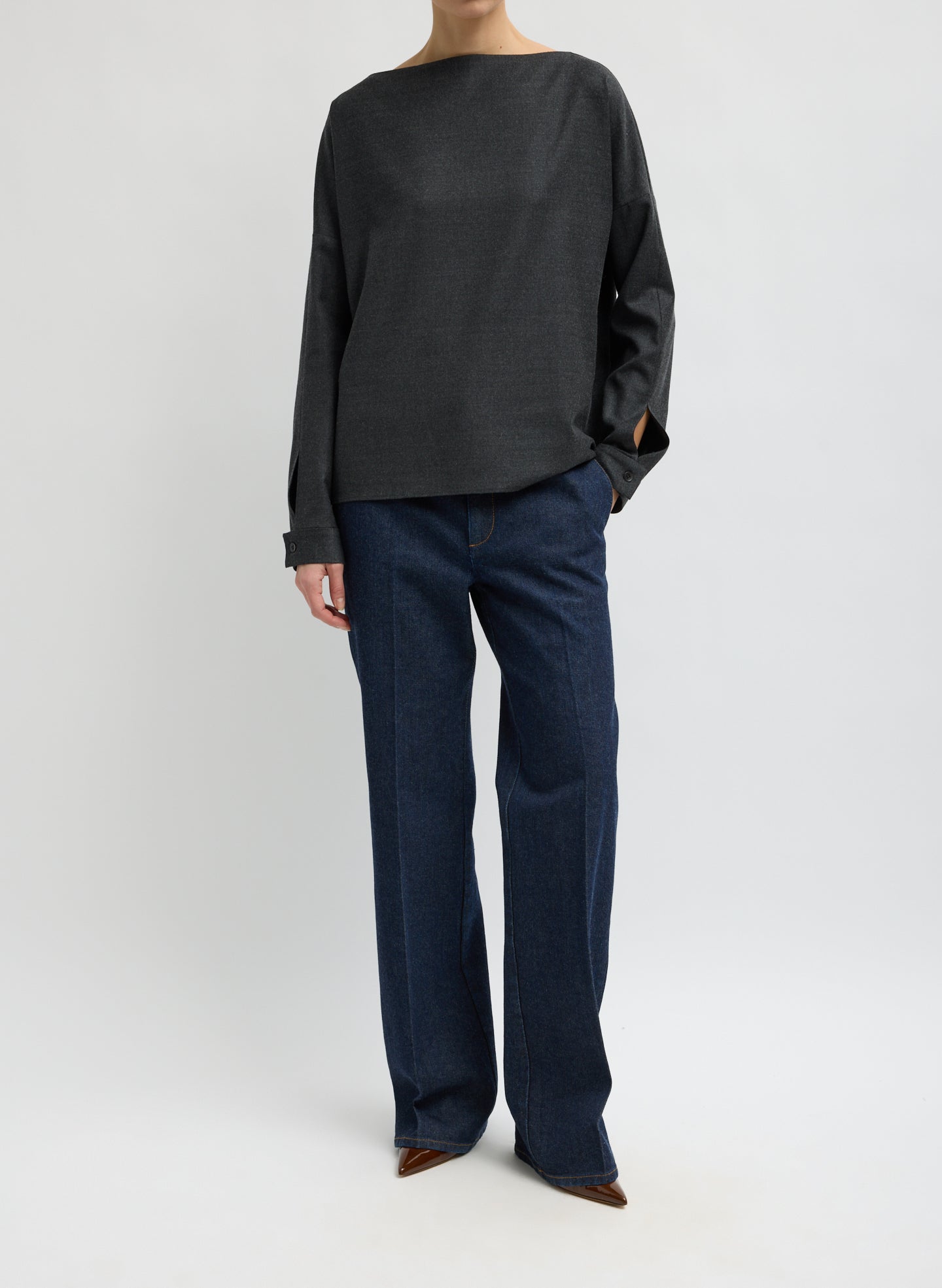 Dark Heather Grey Cozy Flannel Boatneck Dolman Sleeve Top - full look, front view on model