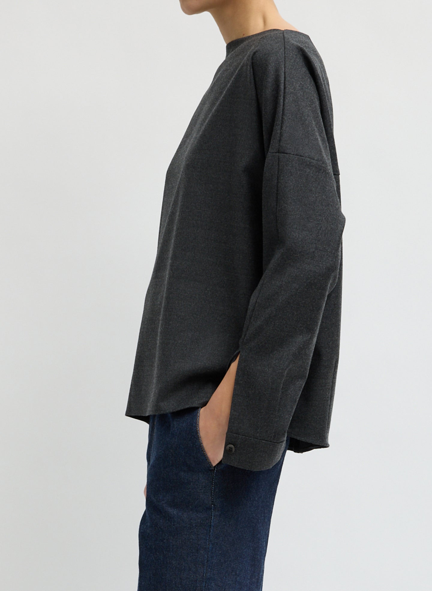 Dark Heather Grey Cozy Flannel Boatneck Dolman Sleeve Top - long sleeve top, side view on model