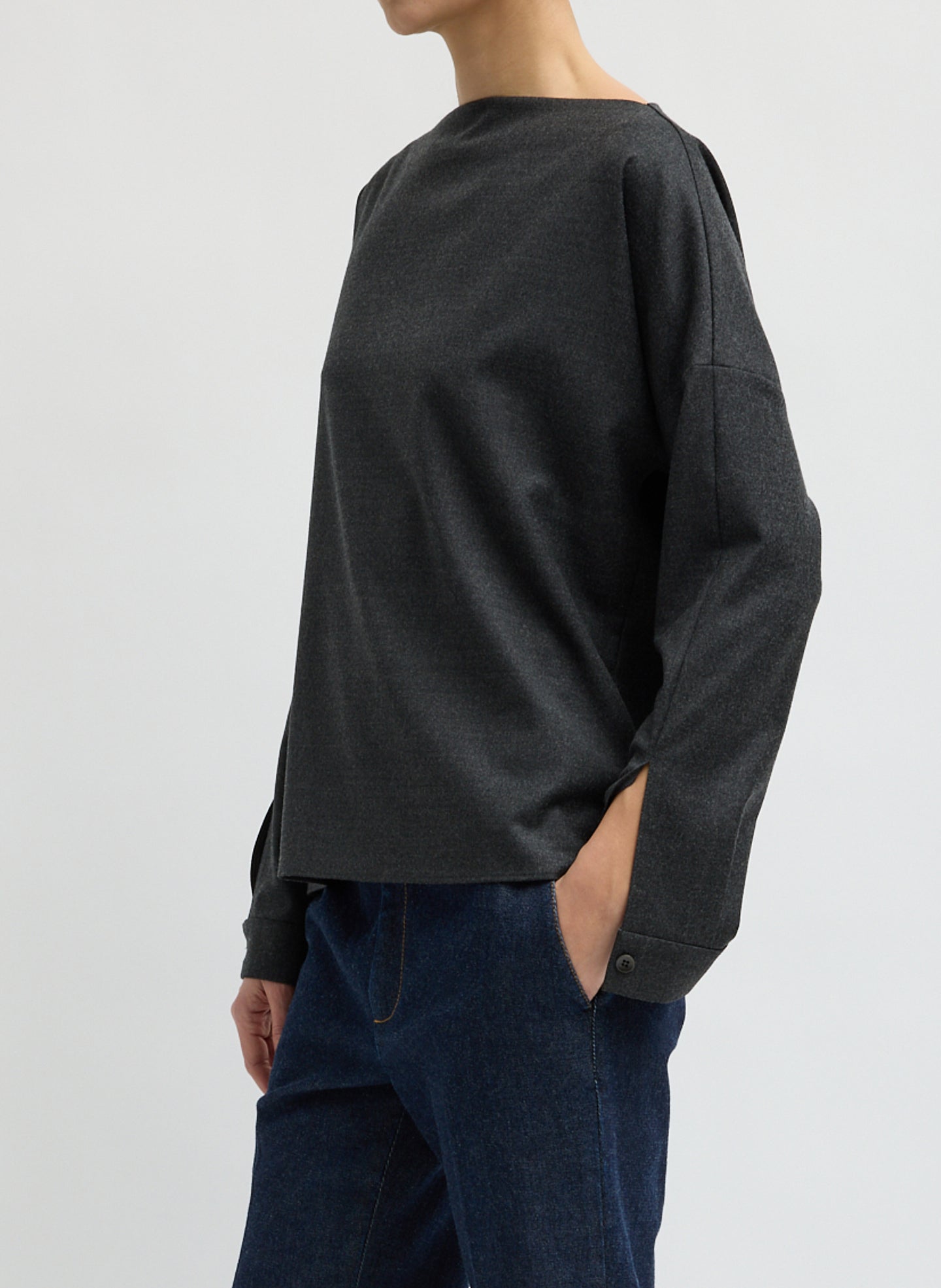 Dark Heather Grey Cozy Flannel Boatneck Dolman Sleeve Top - long sleeve top, side view on model