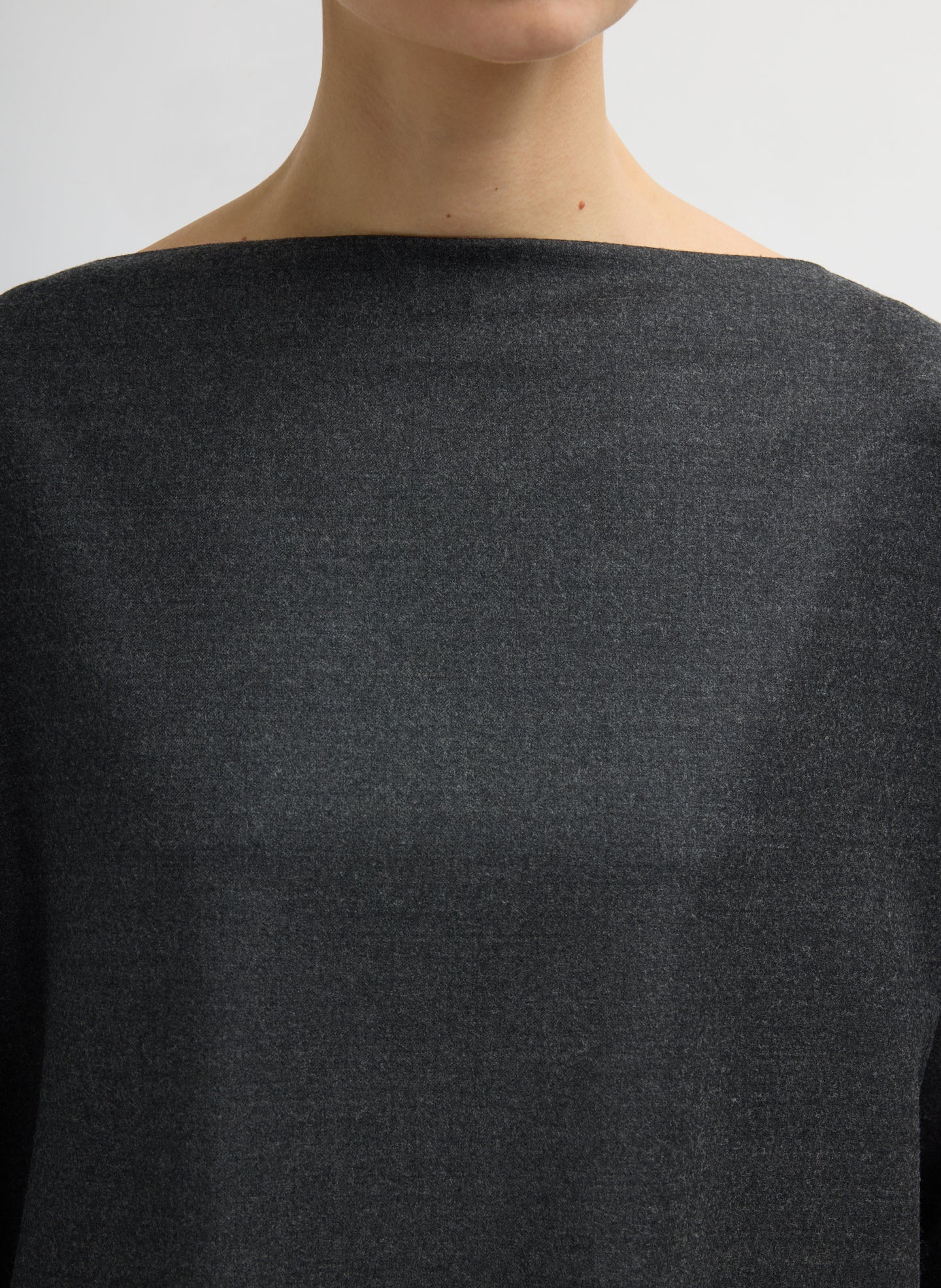 Dark Heather Grey Cozy Flannel Boatneck Dolman Sleeve Top - closeup of neckline
