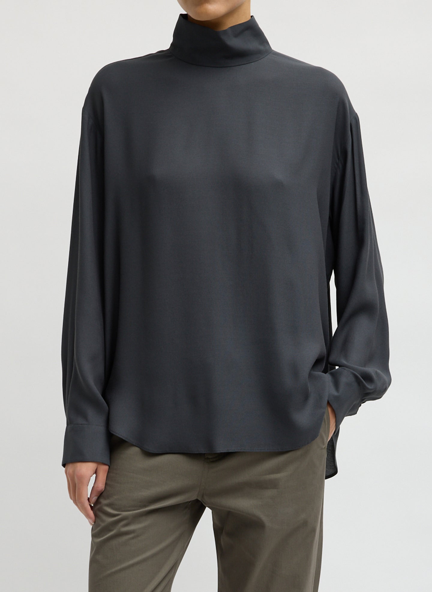 Dark Grey Feather Weight Eco Crepe Funnel Neck Shirt - front view on model