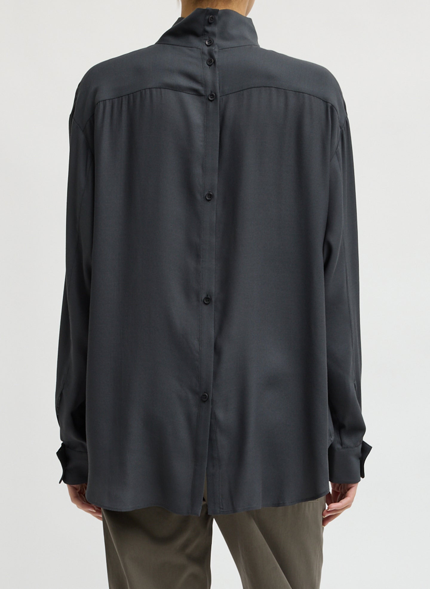 Dark Grey Feather Weight Eco Crepe Funnel Neck Shirt - back view on model
