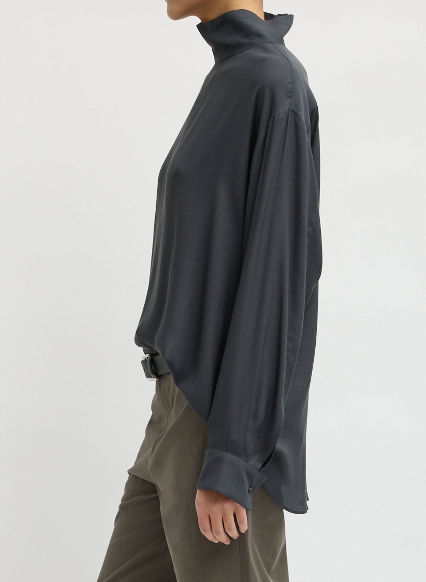 Dark Grey Feather Weight Eco Crepe Funnel Neck Shirt - side view on model