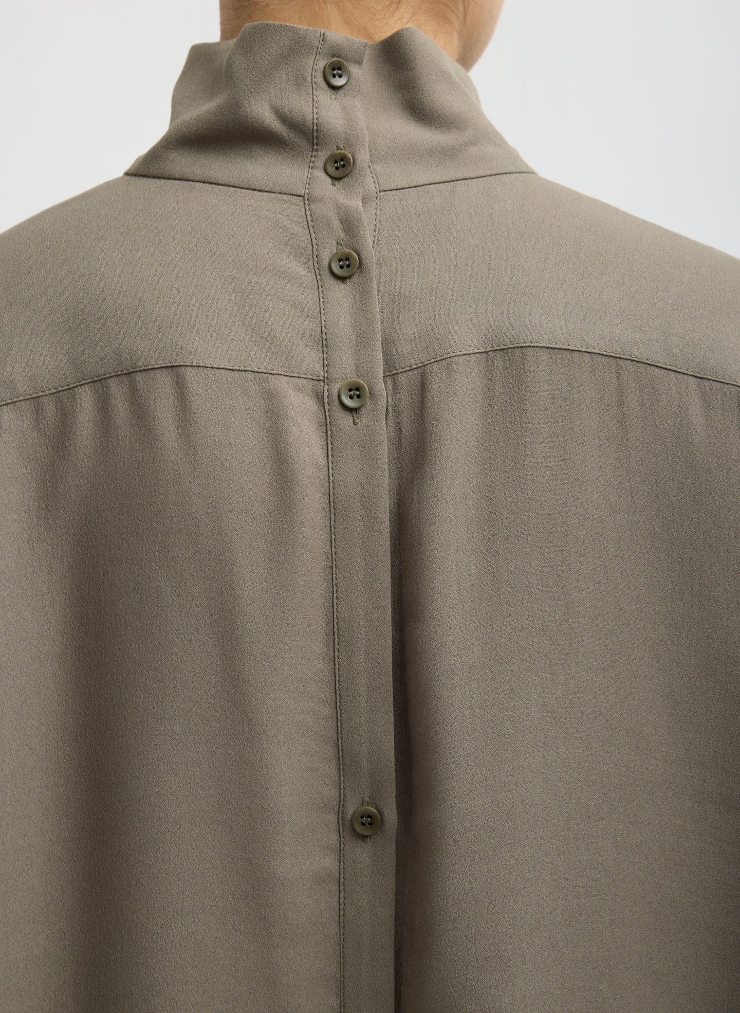 Dark Hazelnut Feather Weight Eco Crepe Funnel Neck Shirt - closeup of back button details