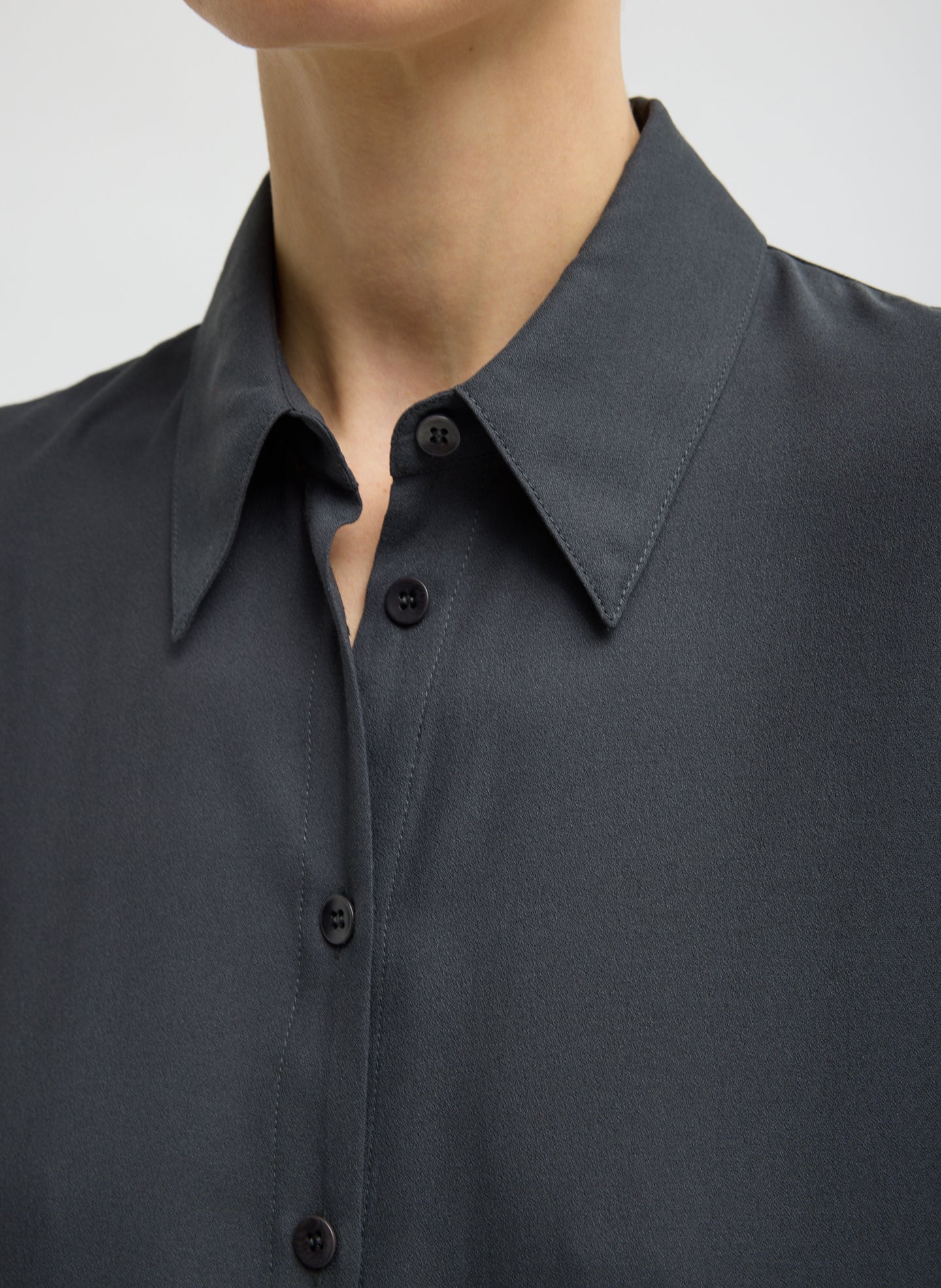 Dark Grey Feather Weight Viscose Eco Crepe Oversized Shirt - closeup of collar detail