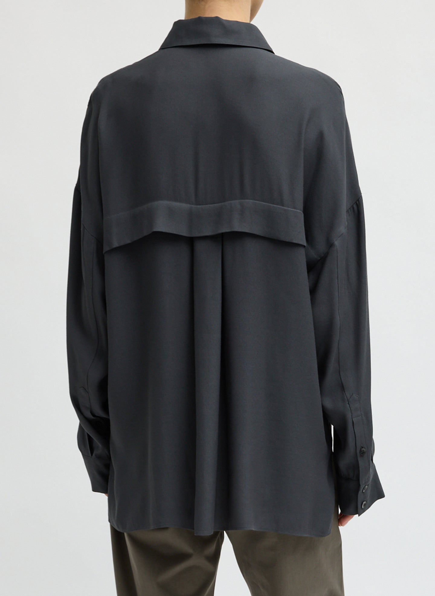 Dark Grey Feather Weight Viscose Eco Crepe Oversized Shirt - button down shirt, back view on model