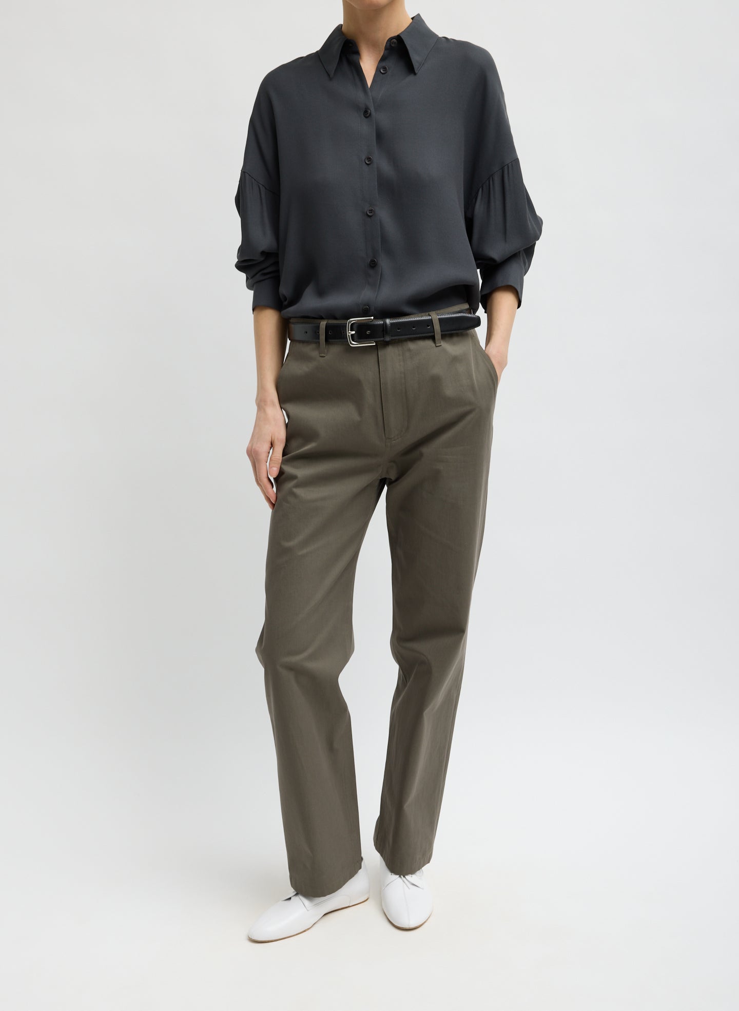 Dark Grey Feather Weight Viscose Eco Crepe Oversized Shirt - full look, front view on model