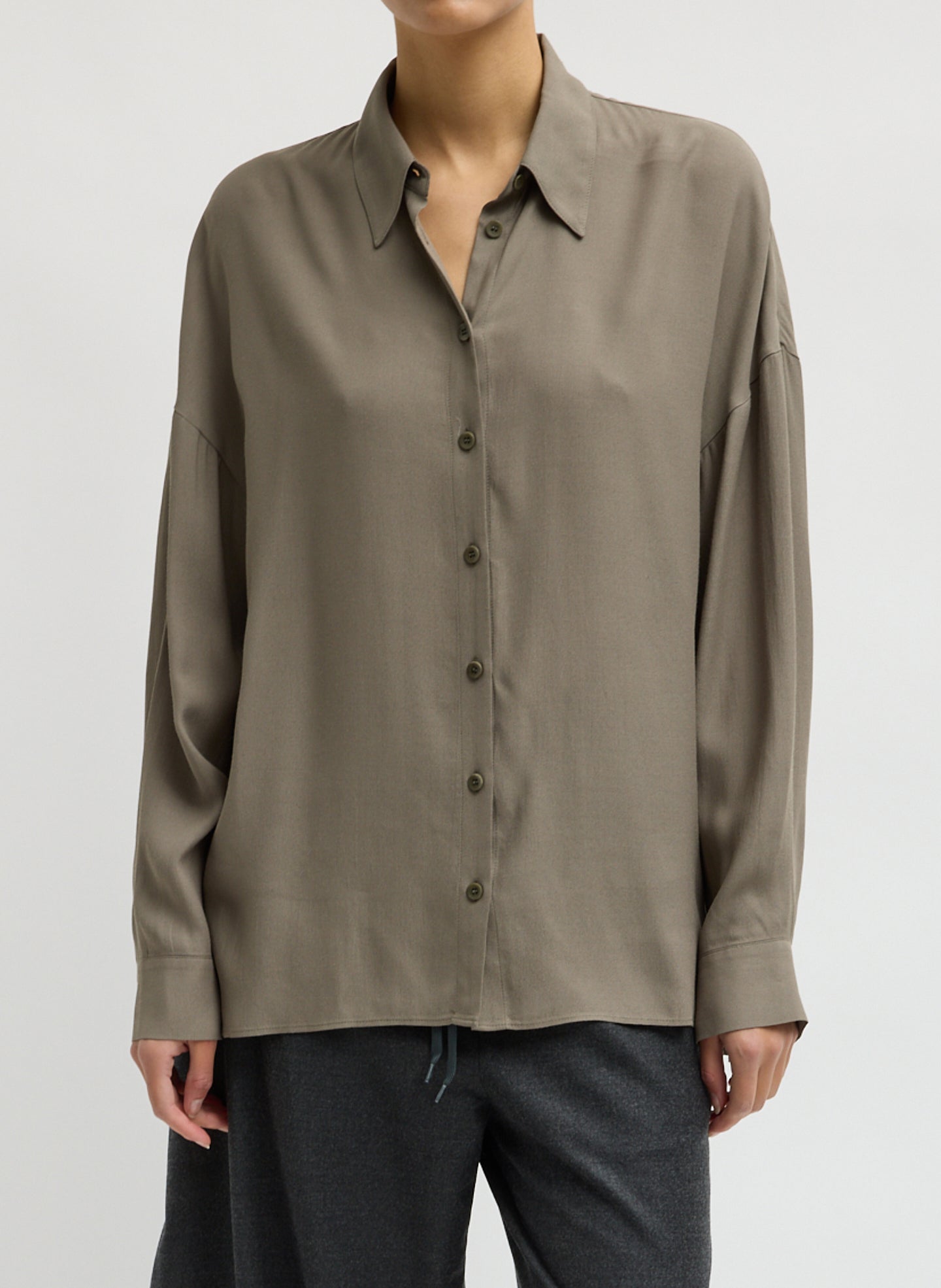 Dark Hazelnut Green Feather Weight Eco Crepe Oversized Shirt - long sleeve button down top, front view on model