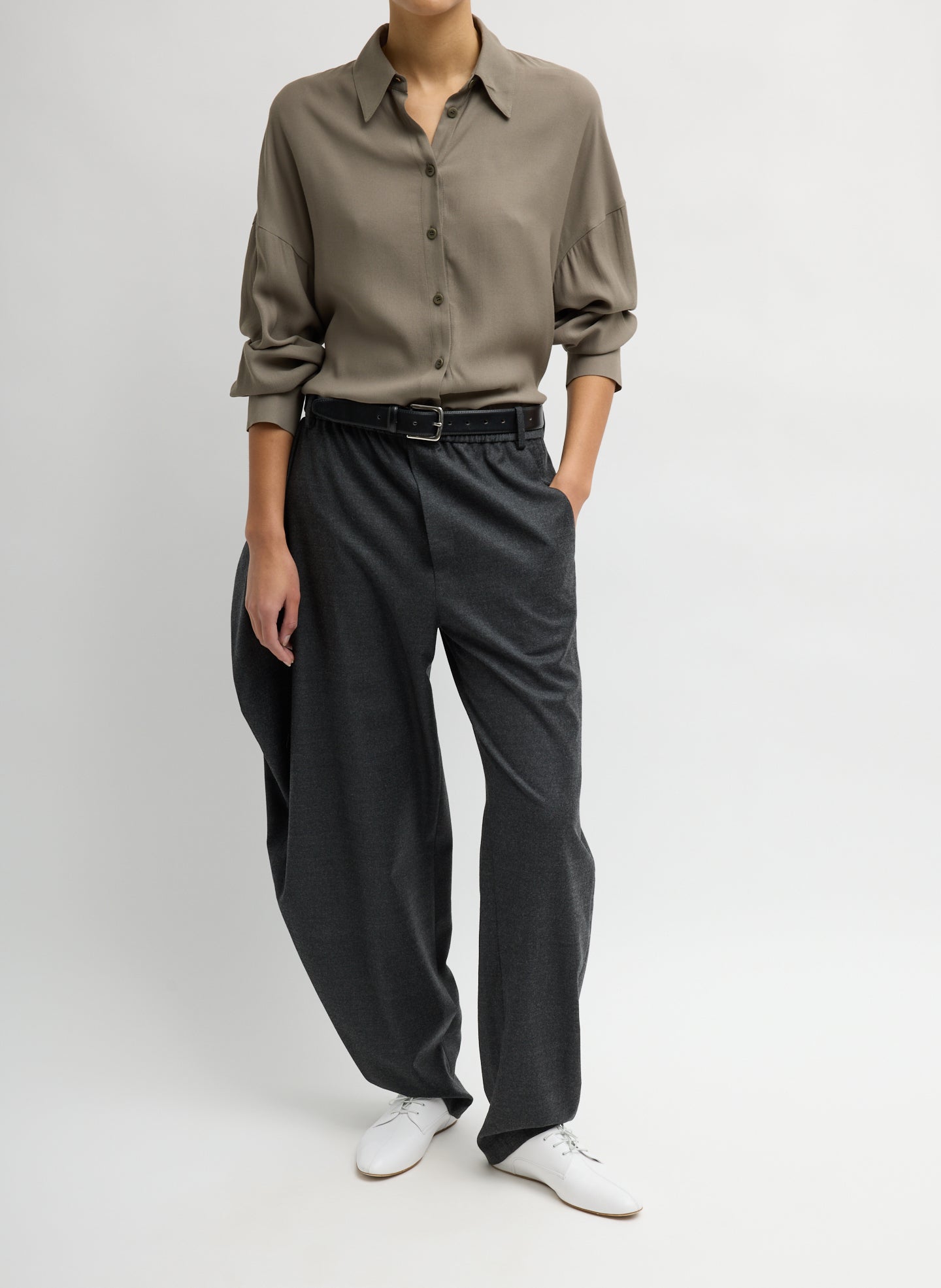 Dark Hazelnut Green Feather Weight Eco Crepe Oversized Shirt - full look, front view on model