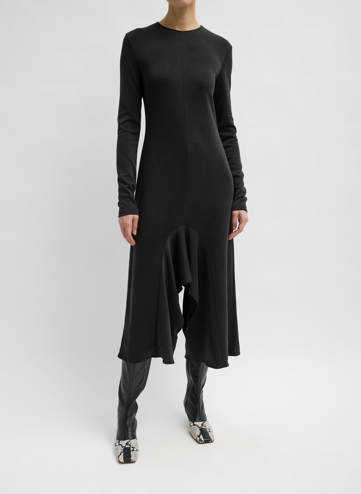 Black Feather Weight Viscose Neoprene Front Drape Dress - full look, front view on model