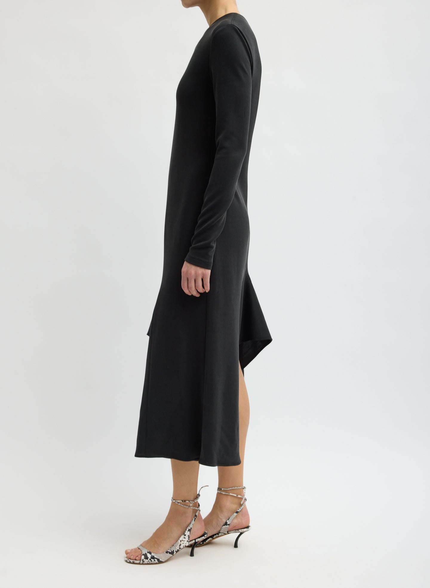 Black Feather Weight Viscose Neoprene Front Drape Dress - long sleeve dress, side view on model