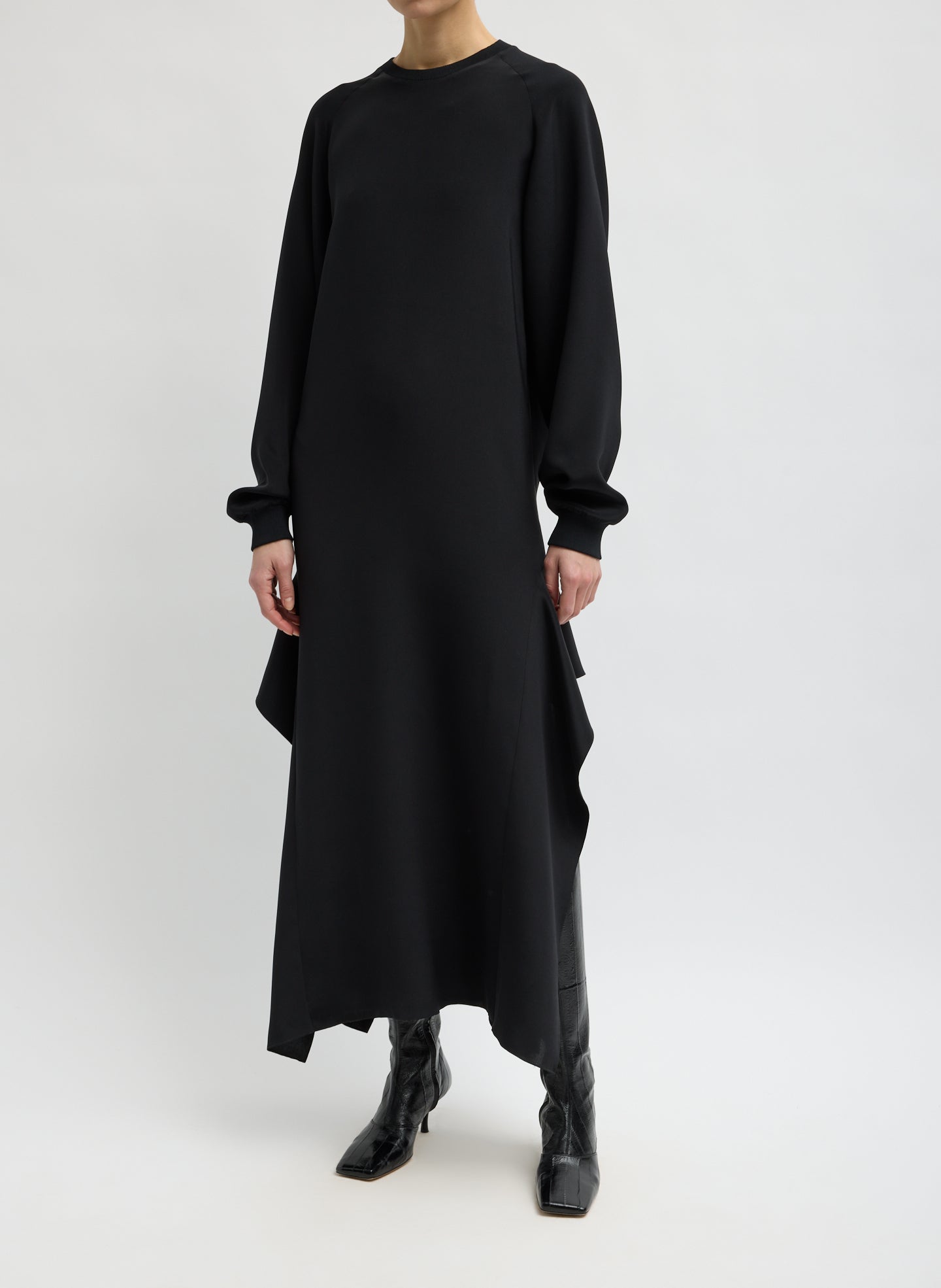 Black 4-Ply Silk Long Sleeve Dress with Ruffle Detail - front view on model