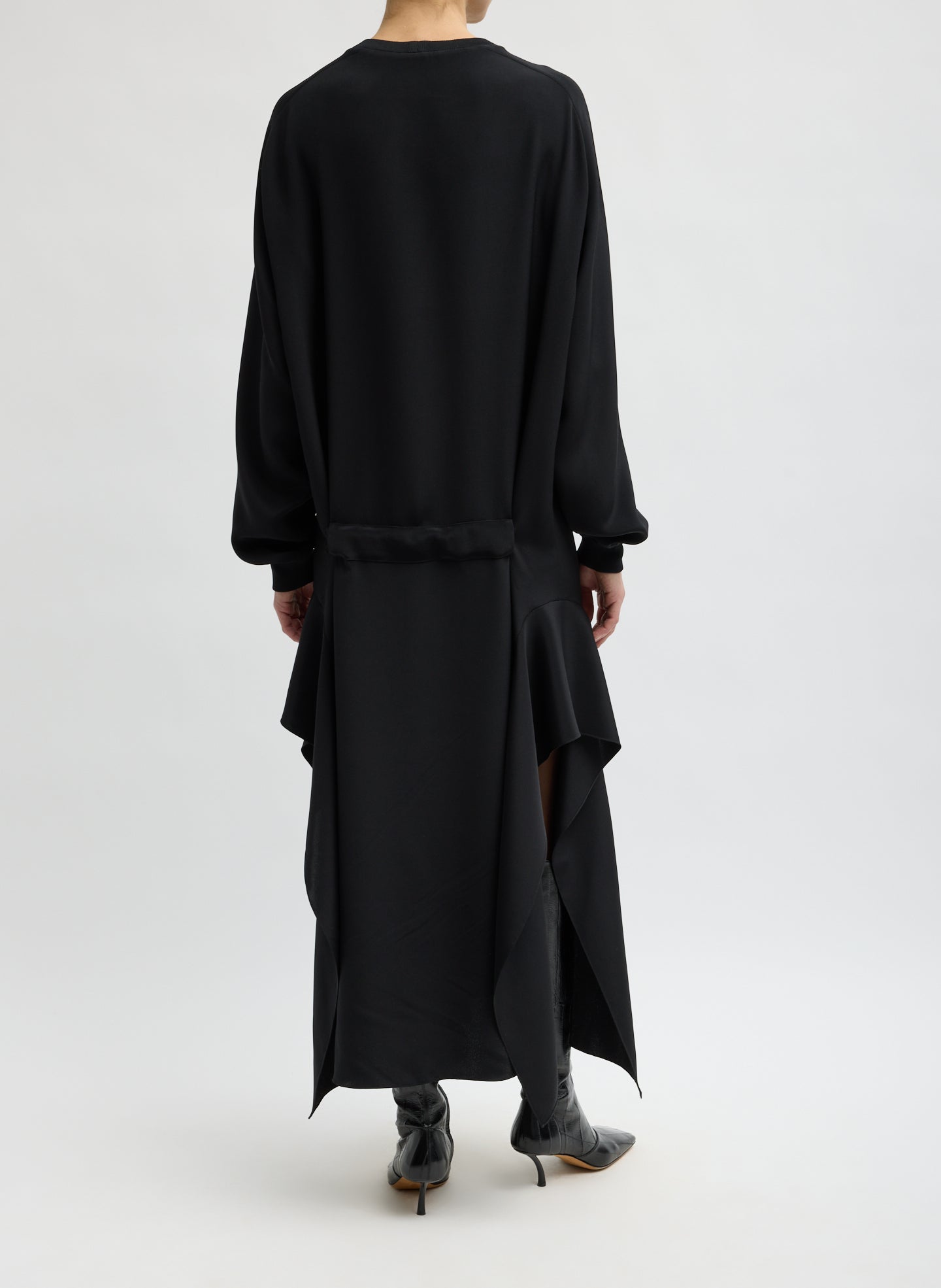 Black 4-Ply Silk Long Sleeve Dress with Ruffle Detail - back view on model