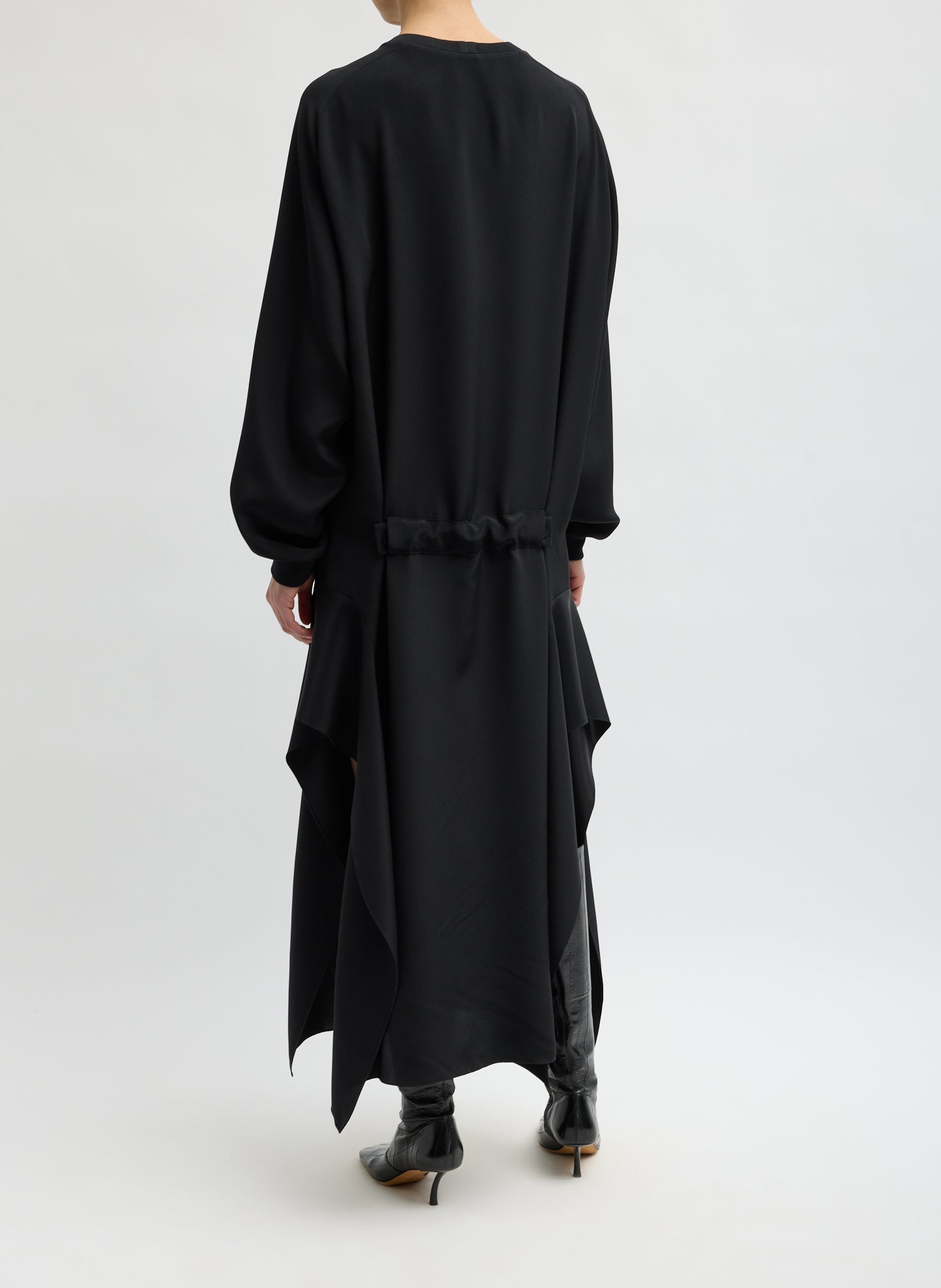 Black 4-Ply Silk Long Sleeve Dress with Ruffle Detail - back view on model