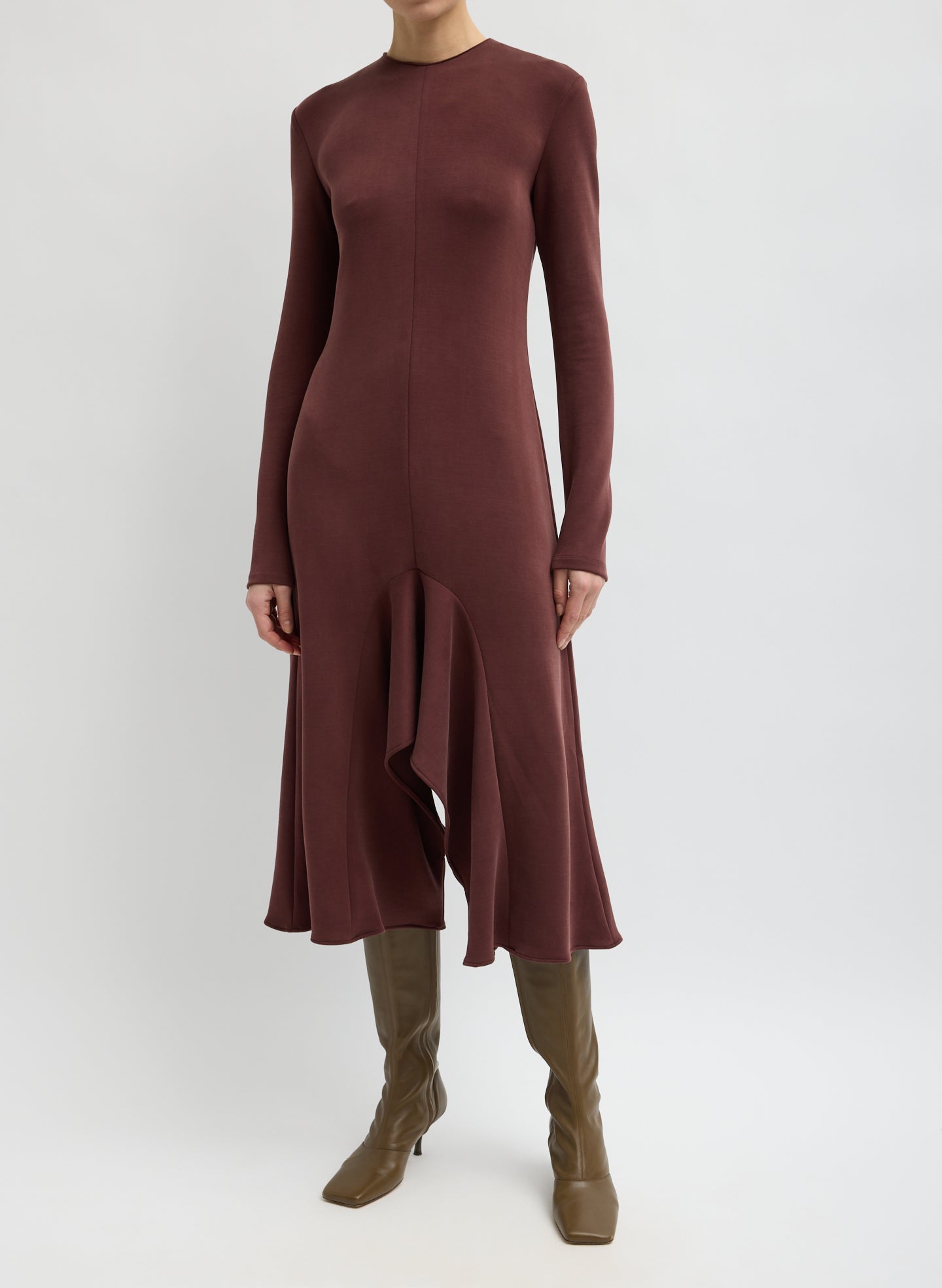 Bordeaux Feather Weight Viscose Neoprene Front Drape Dress - long sleeve dress, front view on model