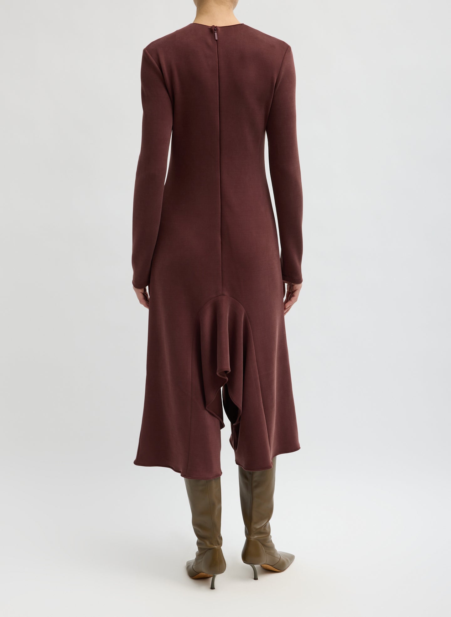 Bordeaux Feather Weight Viscose Neoprene Front Drape Dress - long sleeve dress, back view on mode