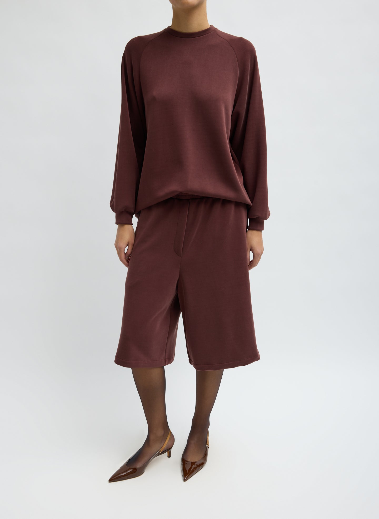 Bordeaux Feather Weight Viscose Neoprene Relaxed Short - long sweat short, front view on model