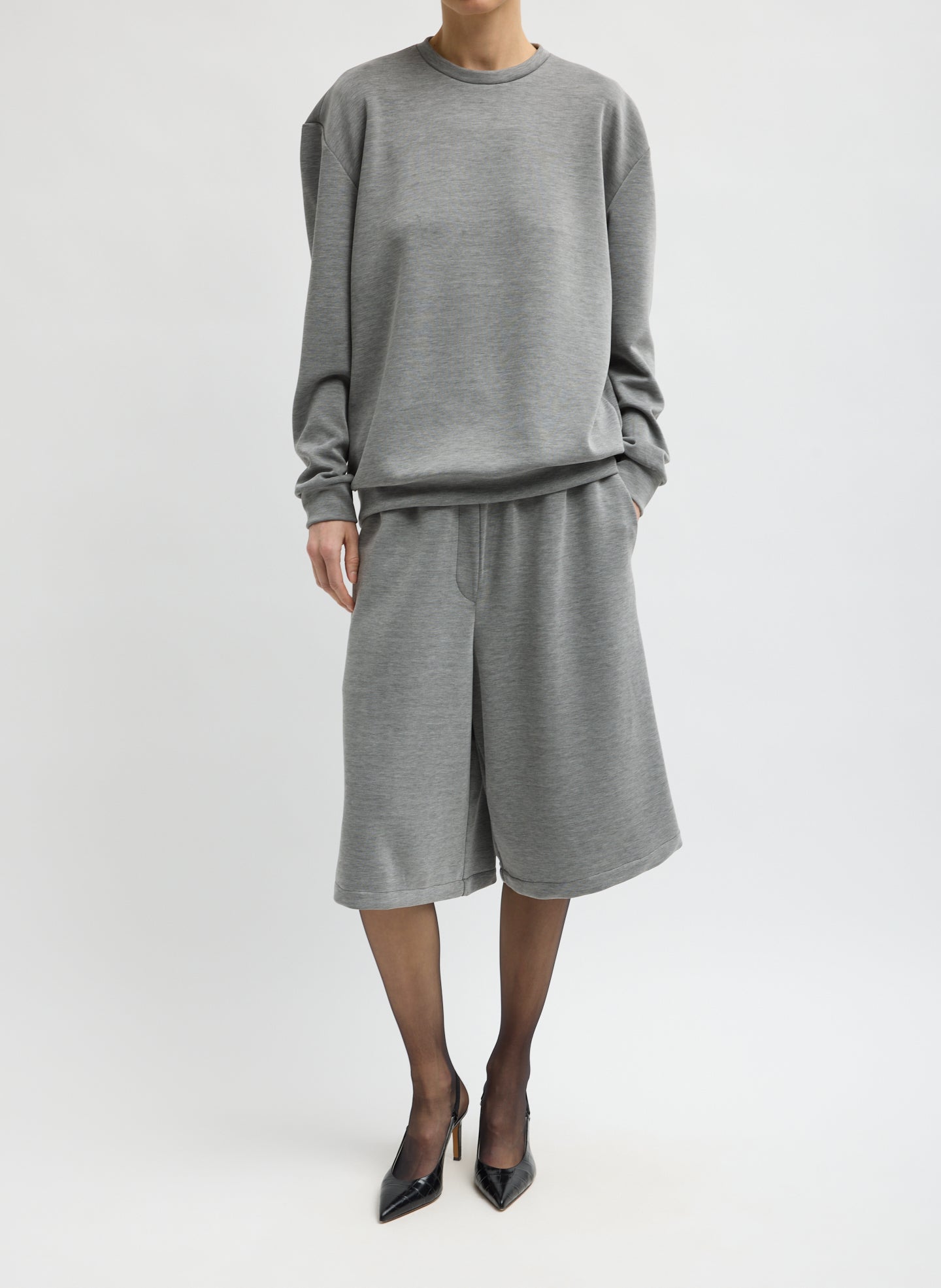 Grey Feather Weight Viscose Removable Shoulder Pad Long Sleeve T-Shirt - full look, front view on model