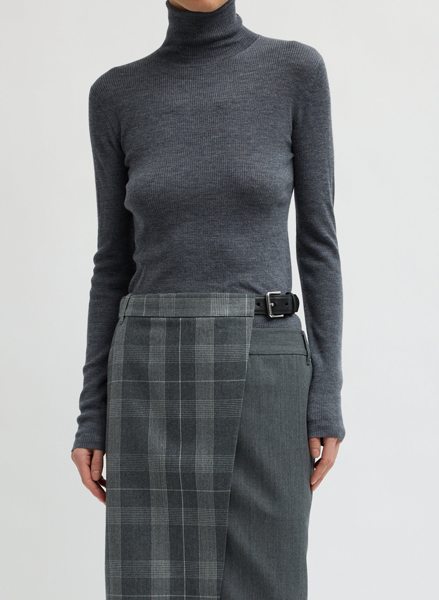Charcoal Grey Feather Weight Ribbed Turtleneck - front view on model