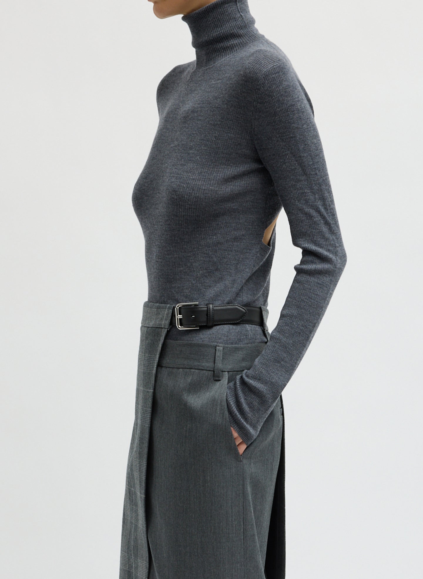 Charcoal Grey Feather Weight Ribbed Turtleneck - side view on model