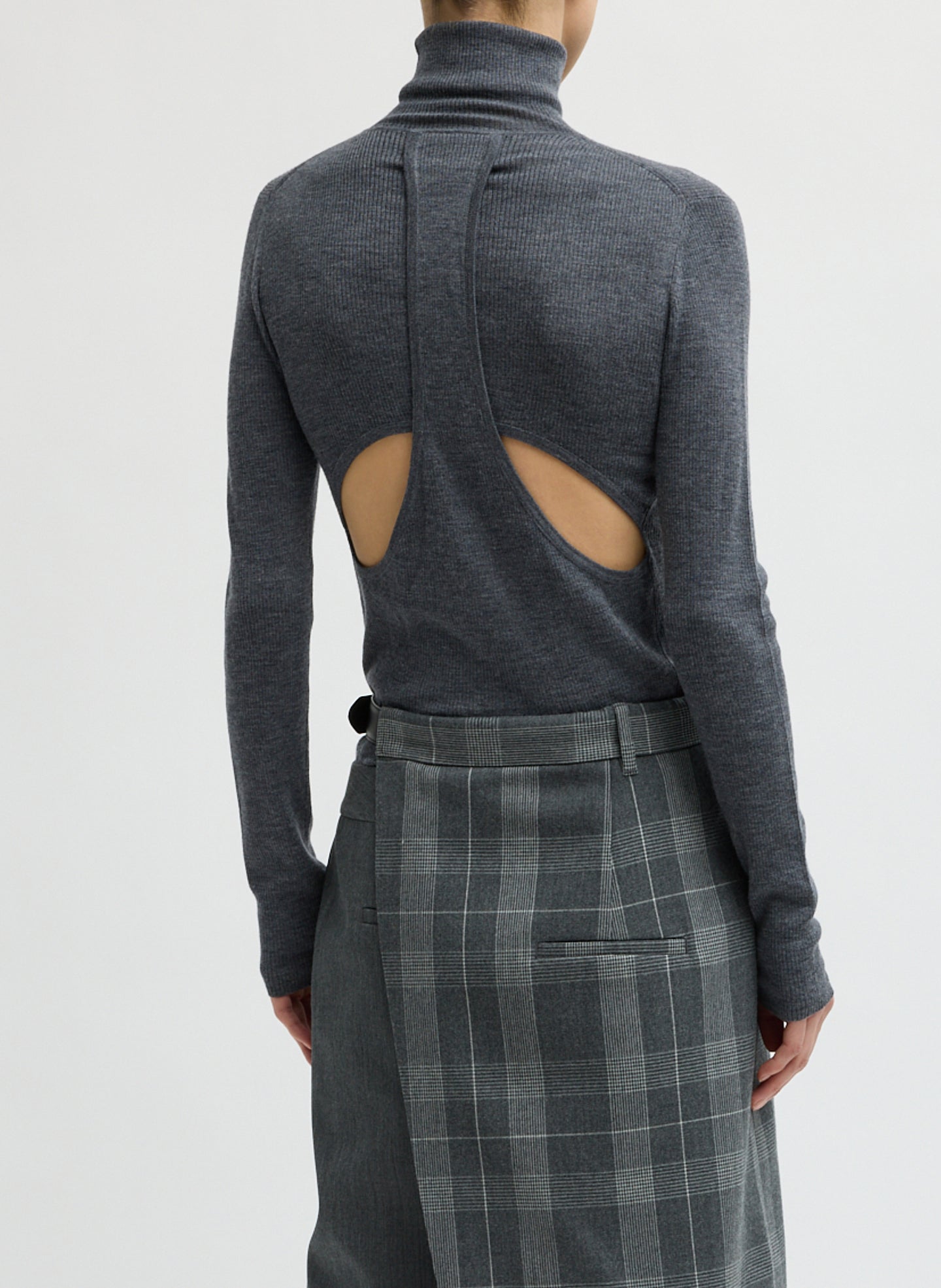 Charcoal Grey Feather Weight Ribbed Turtleneck - back view on model
