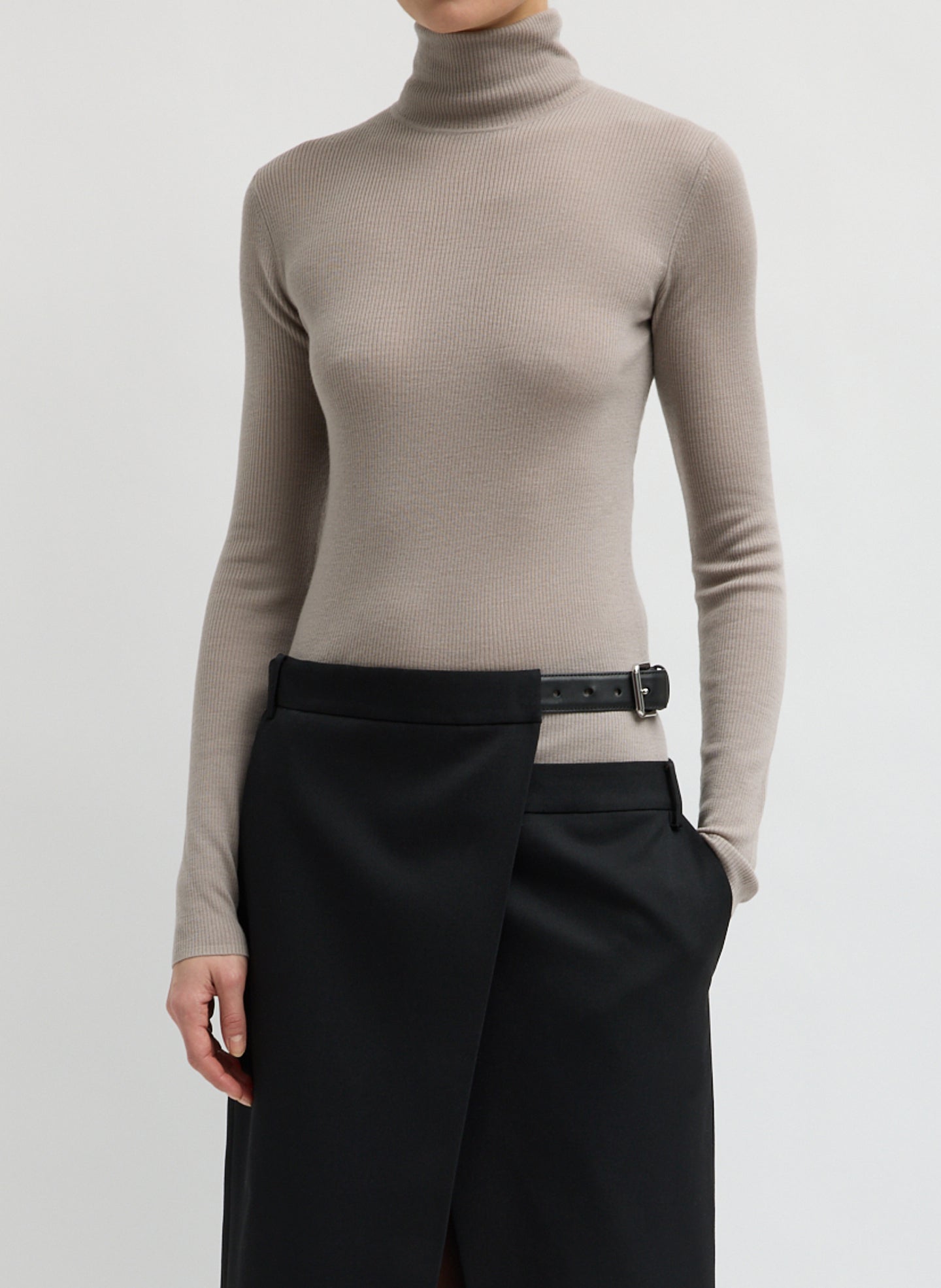 Clay Feather Weight Ribbed Turtleneck - front view on model