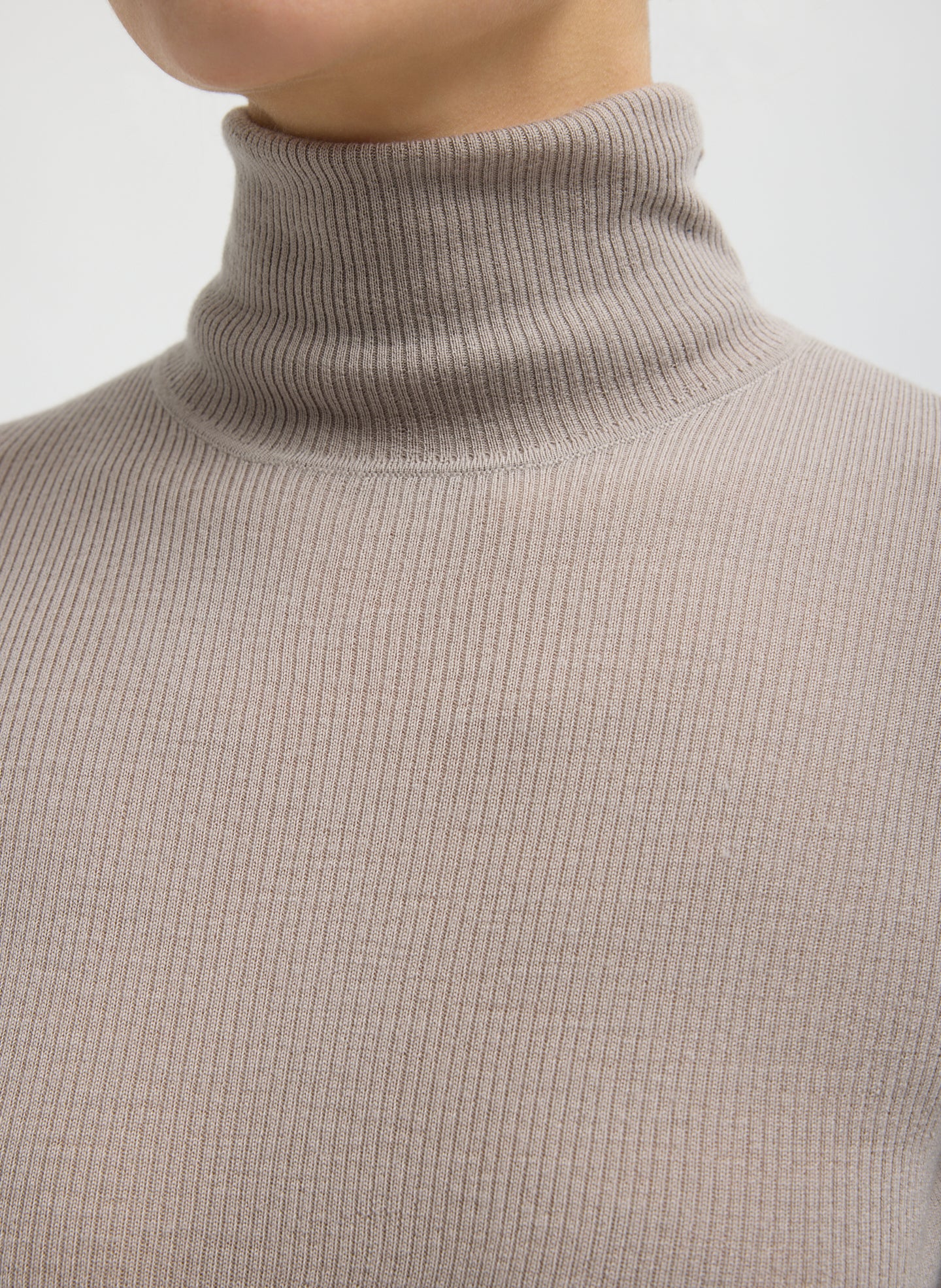 Clay Feather Weight Ribbed Turtleneck - closeup of turtleneck