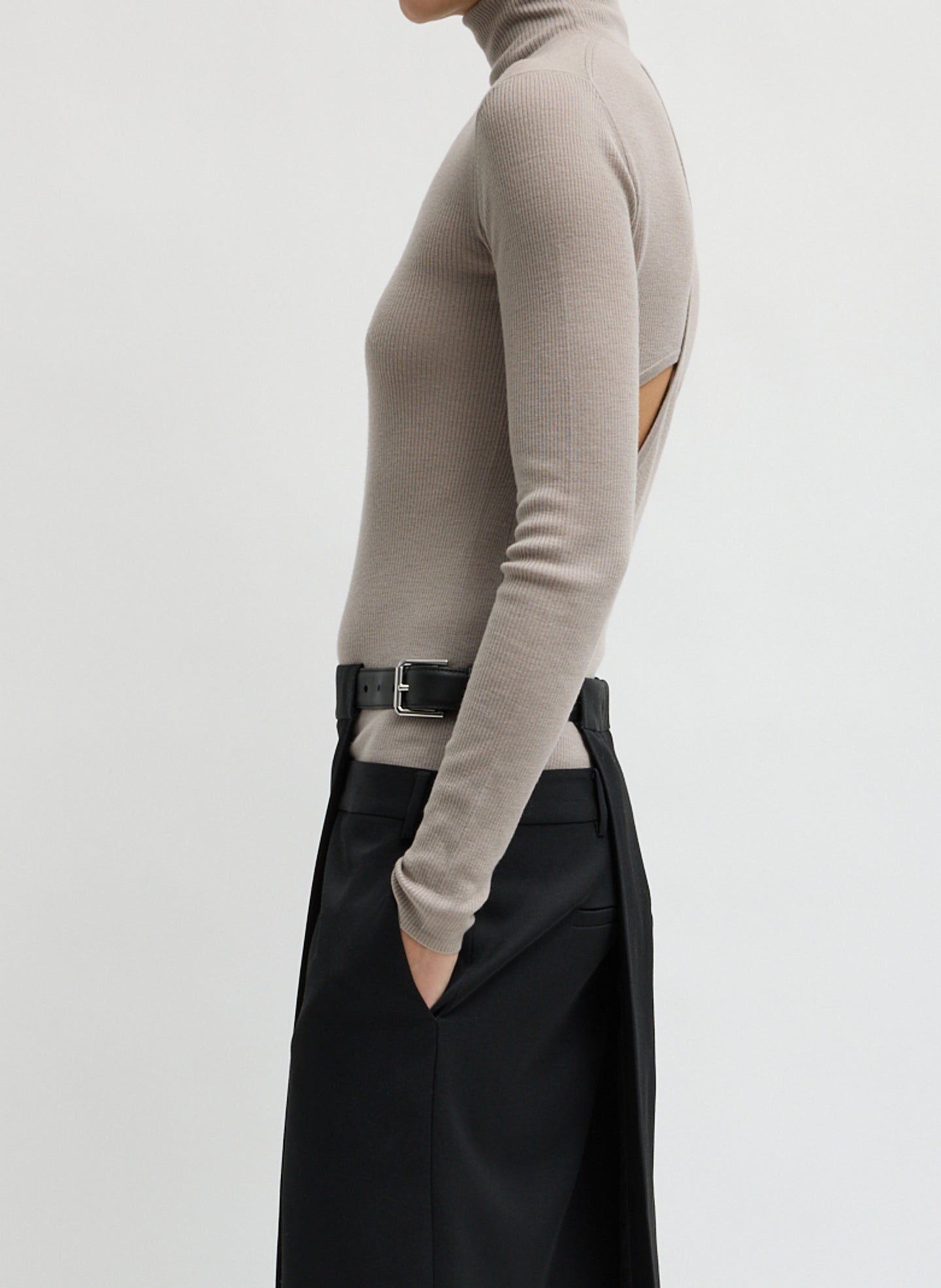 Clay Feather Weight Ribbed Turtleneck - side view on model