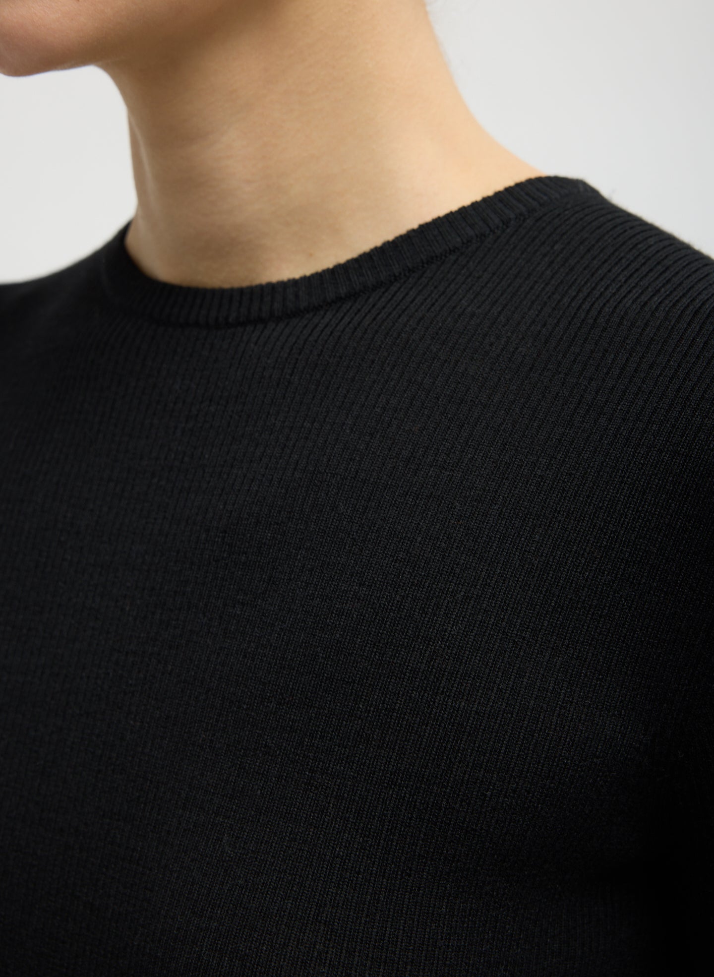Black Feather Weight Long Sleeve Top - closeup of neckline