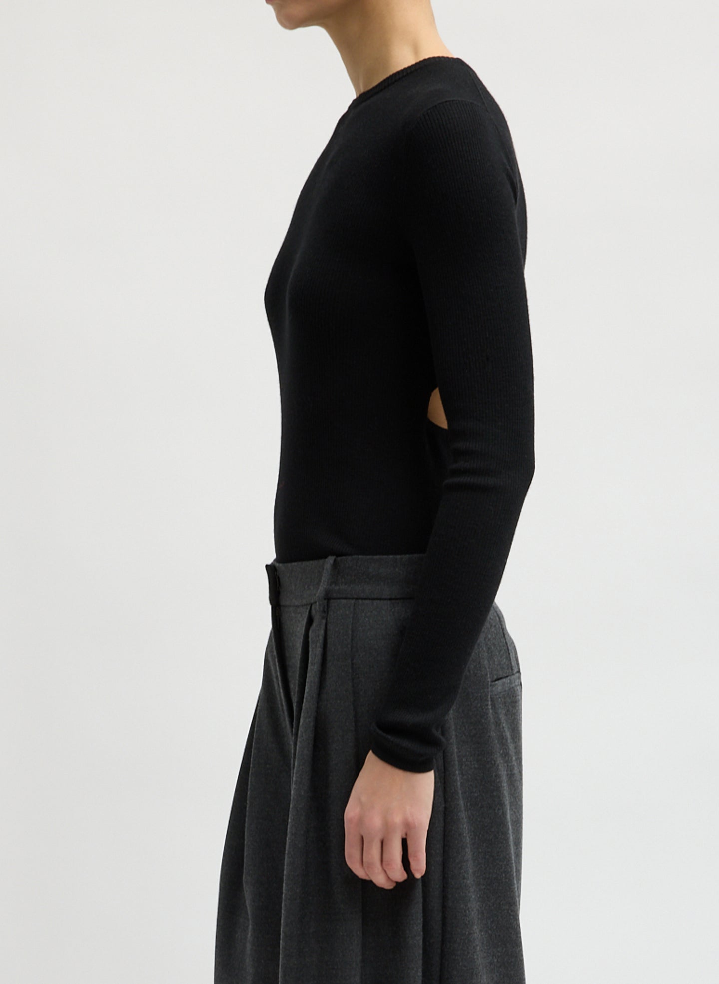 Black Feather Weight Long Sleeve Top - side view on model