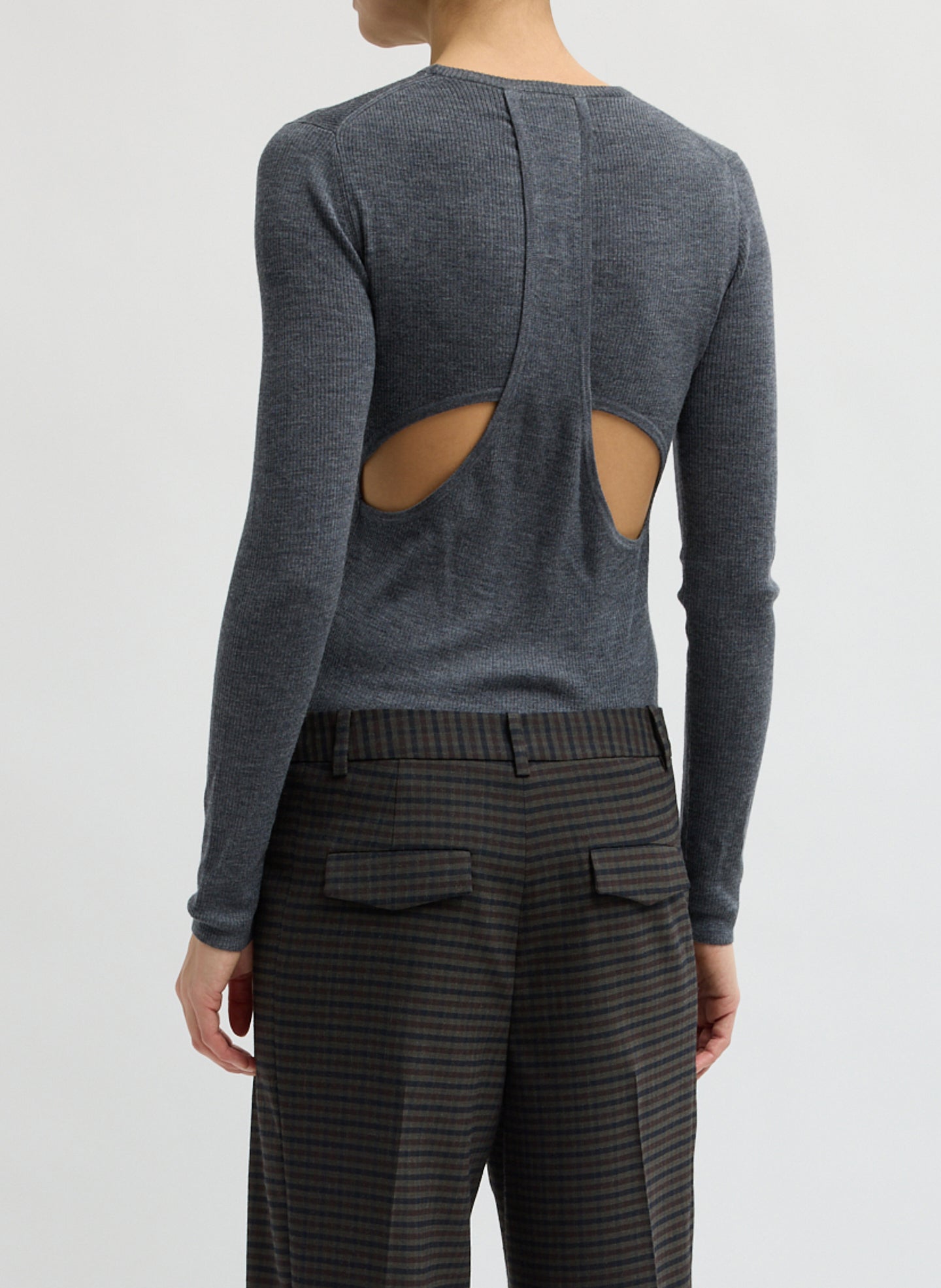 Charcoal Grey Feather Weight Long Sleeve Top - back view on model
