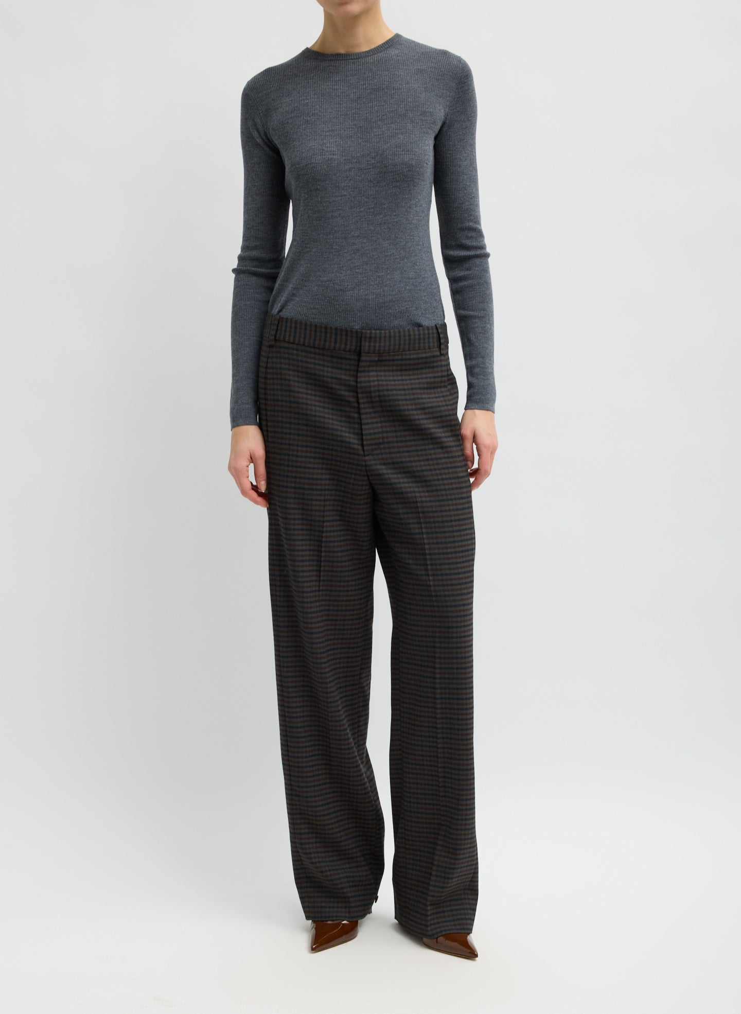 Charcoal Grey Feather Weight Long Sleeve Top - full look, front view on model