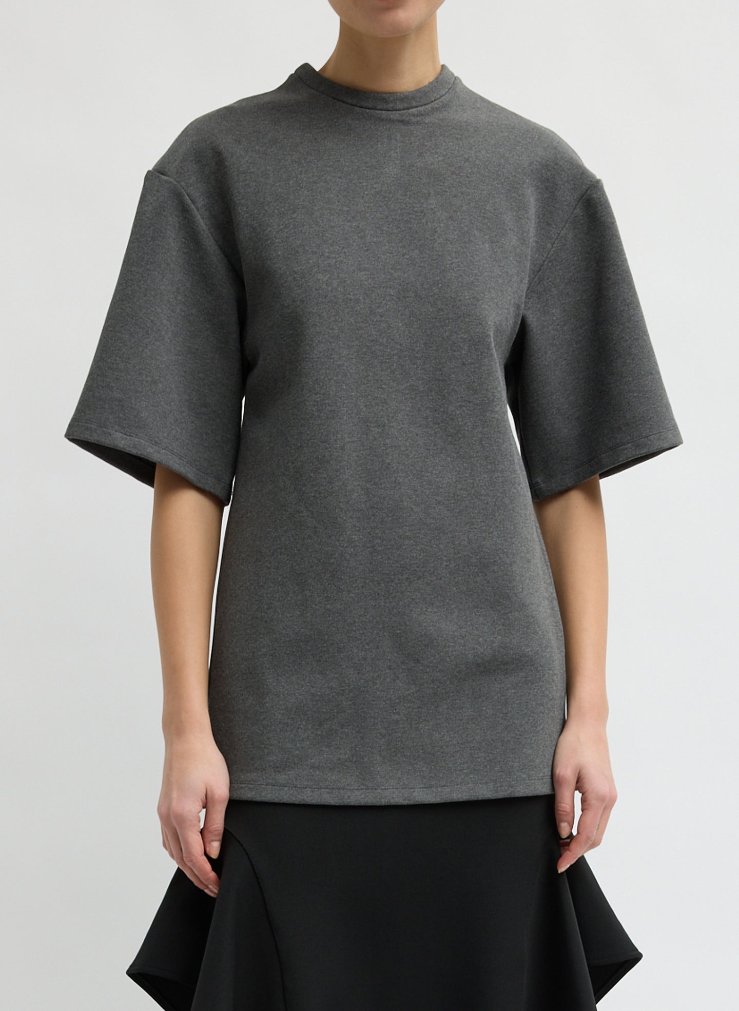 Luxe Crepe Knit Easy Tunic Top - Charcoal Grey Luxe Crepe Knit Easy Tunic Top - short sleeve top, front view on model