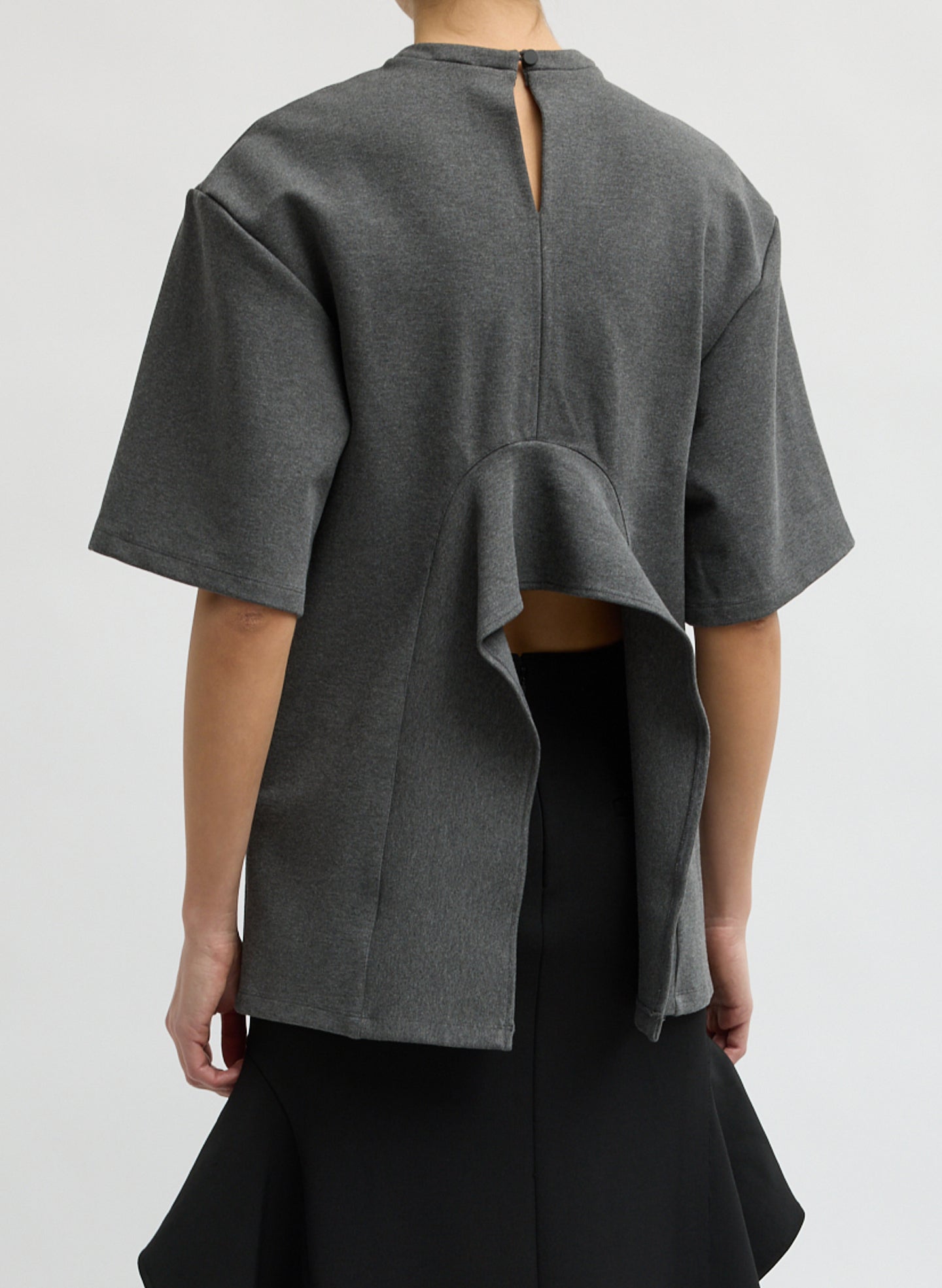 Charcoal Grey Luxe Crepe Knit Easy Tunic Top - short sleeve top, back view on model