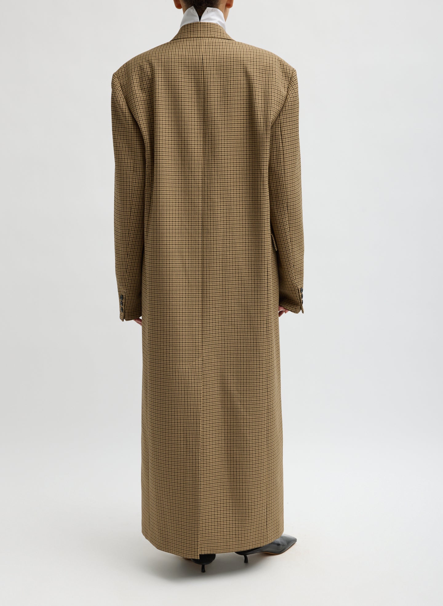 Cedar Multi Tan Menswear Tech Twill Tailored Men's Maxi Coat - back view on model