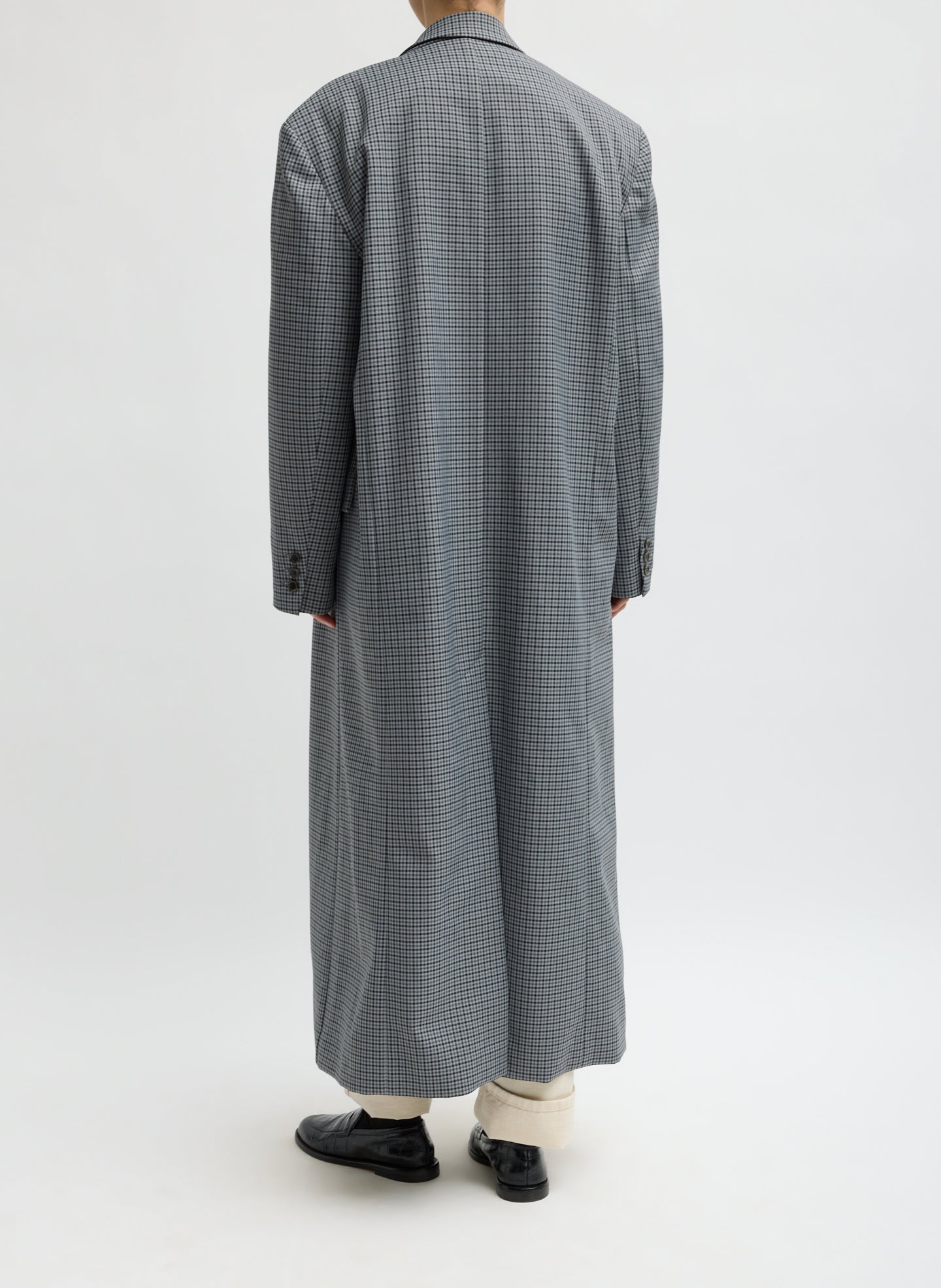 Grey Plaid Menswear Tech Twill Tailored Men's Maxi Coat - back view on model