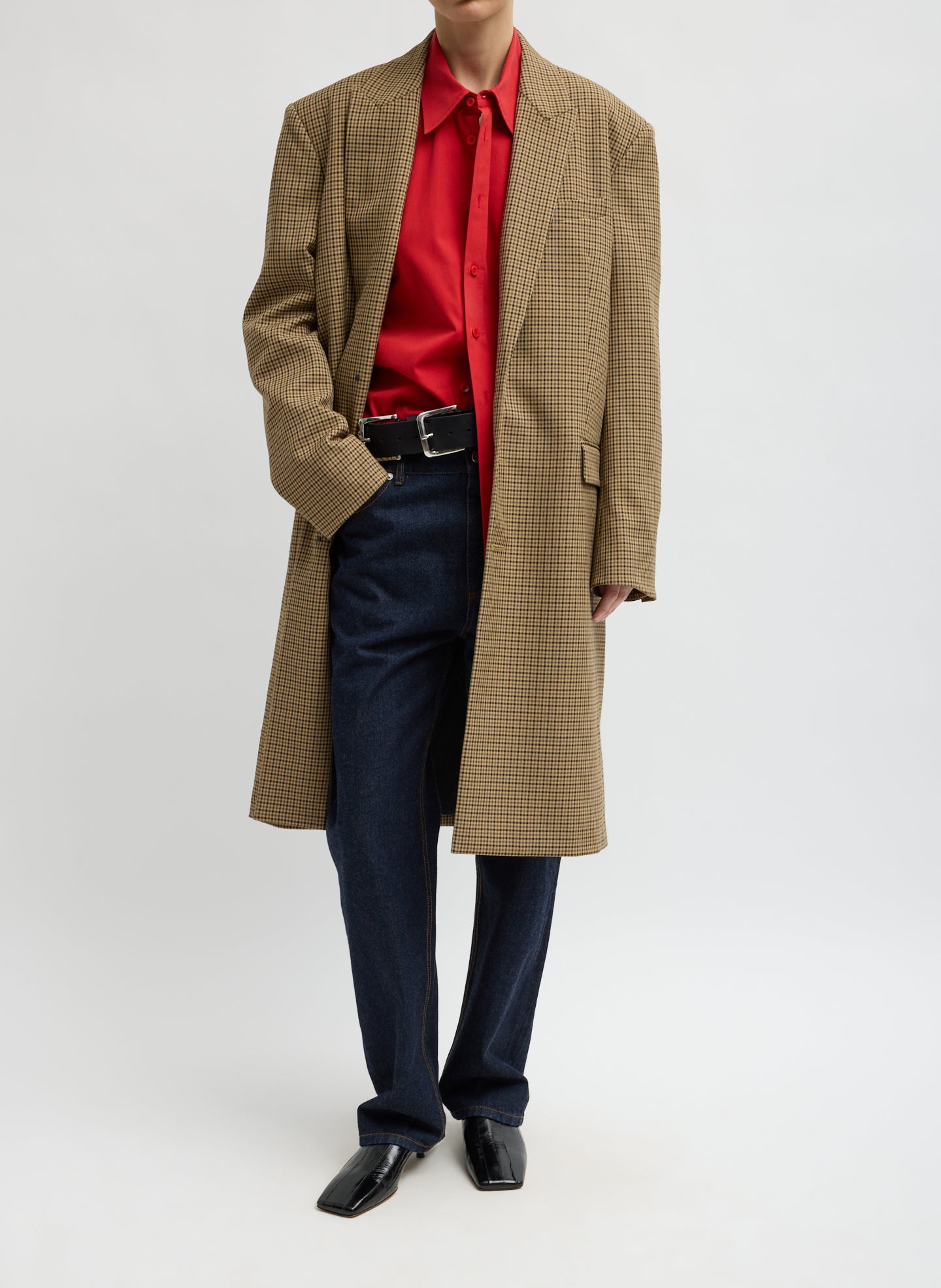 Cedar Multi Tan Check Menswear Tech Twill Tailored Midi Men's Coat - front view on model