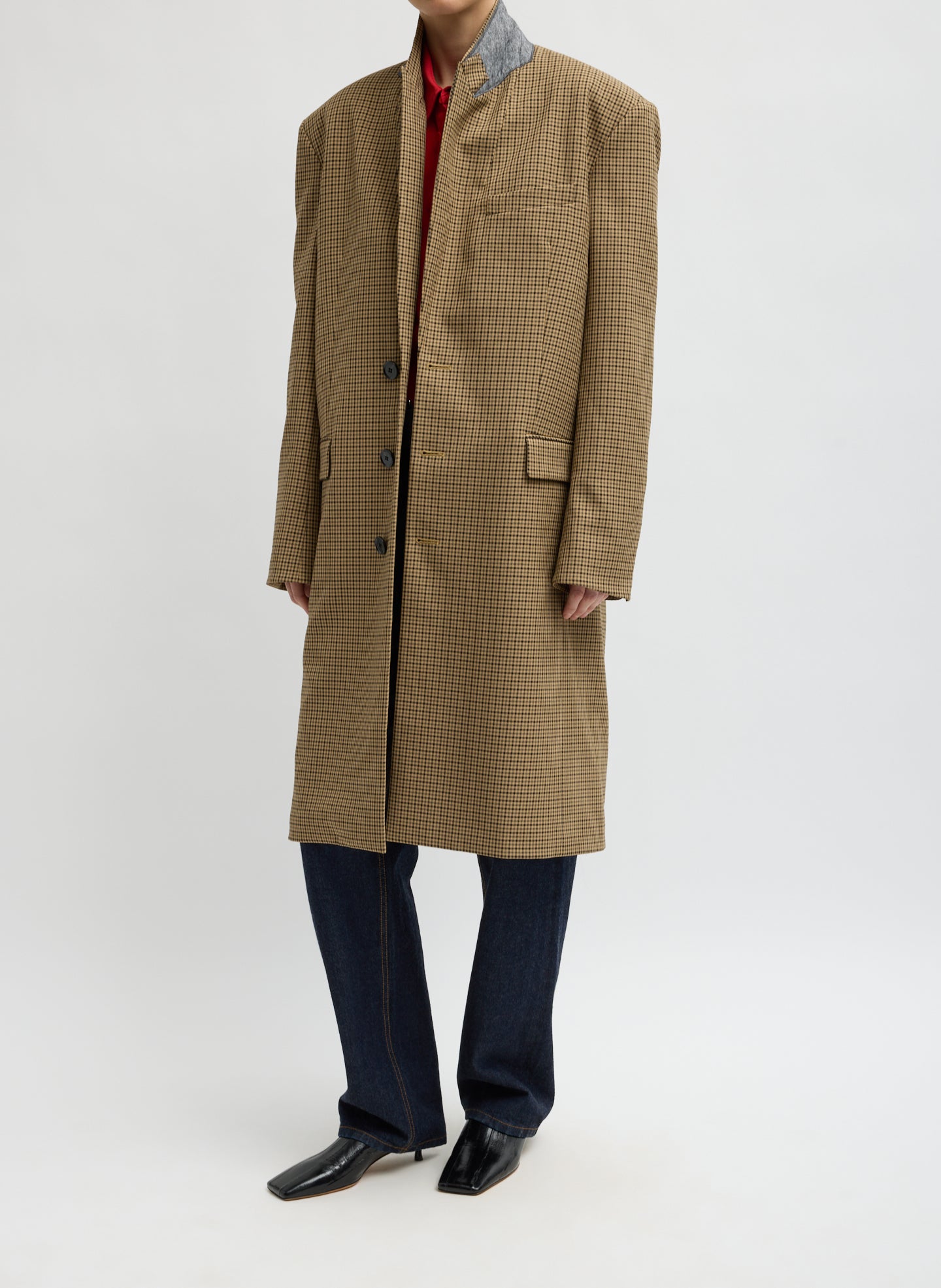 Cedar Multi Tan Check Menswear Tech Twill Tailored Midi Men's Coat - front view on model